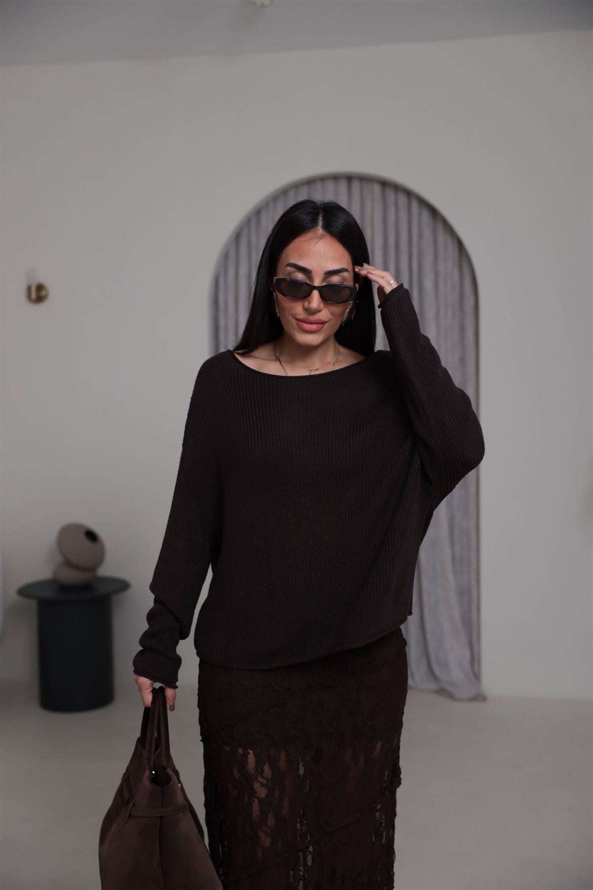 0804 Kayık Yaka Basic Triko Kazak KAHVE