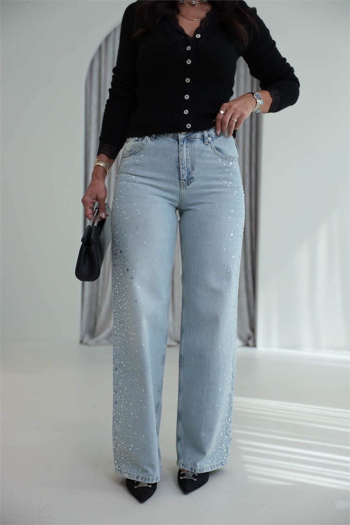 9119 Taş işlemeli Wide Leg jean AÇIK MAVİ