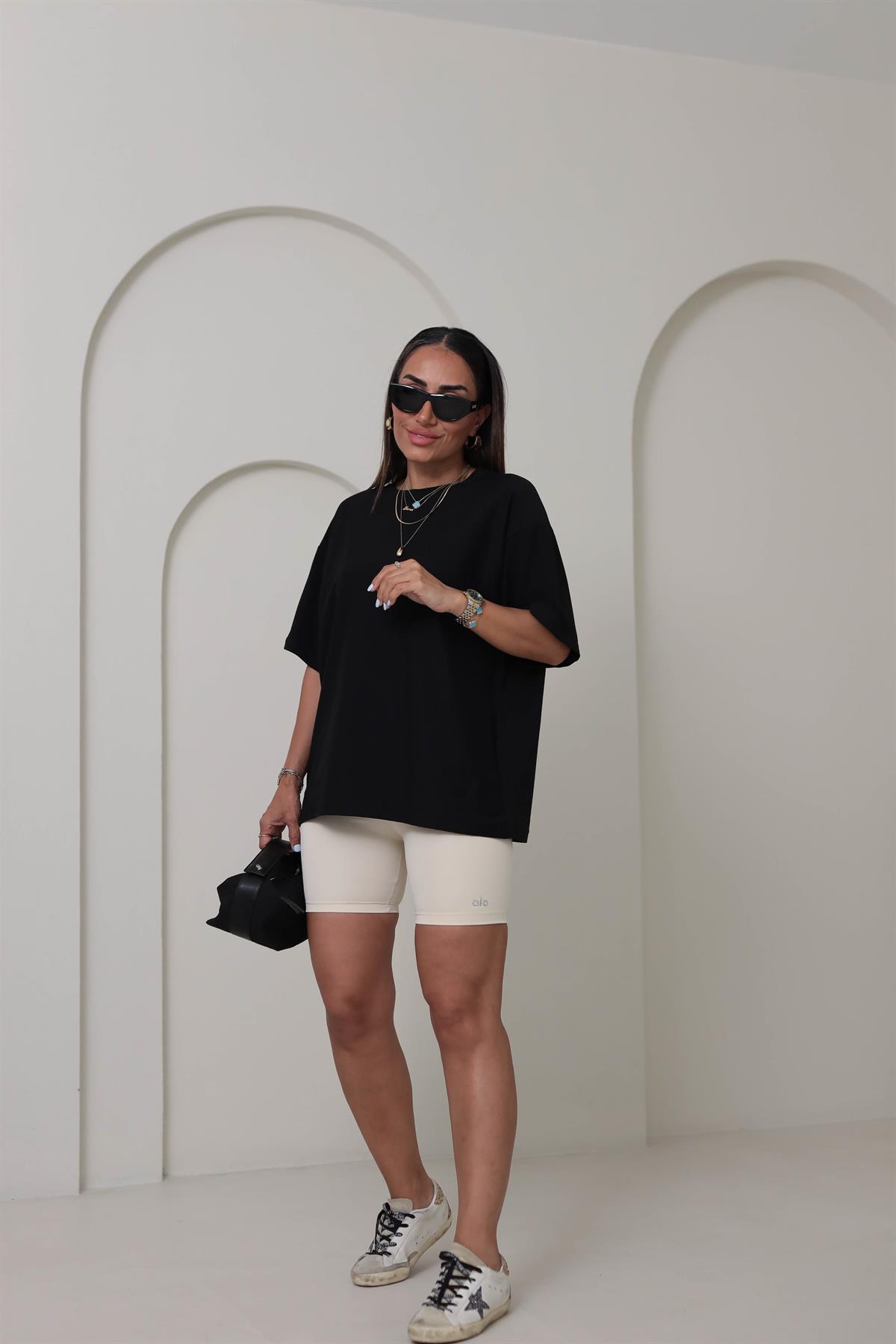 033 Yazı Baskılı Tayt Şort BEJ