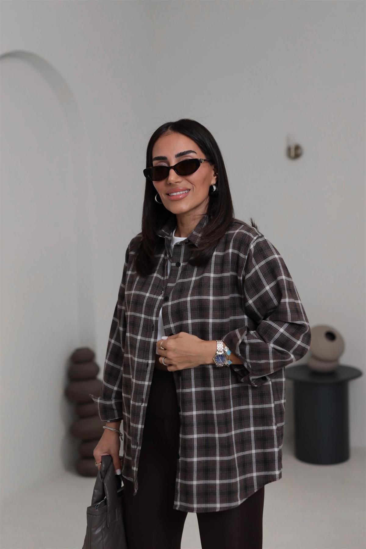 6835 Oversize Kareli Oduncu Gömlek KAHVE