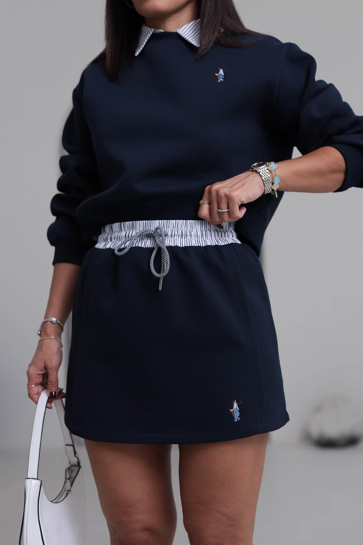 0780 Bel Lastikli Bağcıklı Sweat Etek LACİVERT