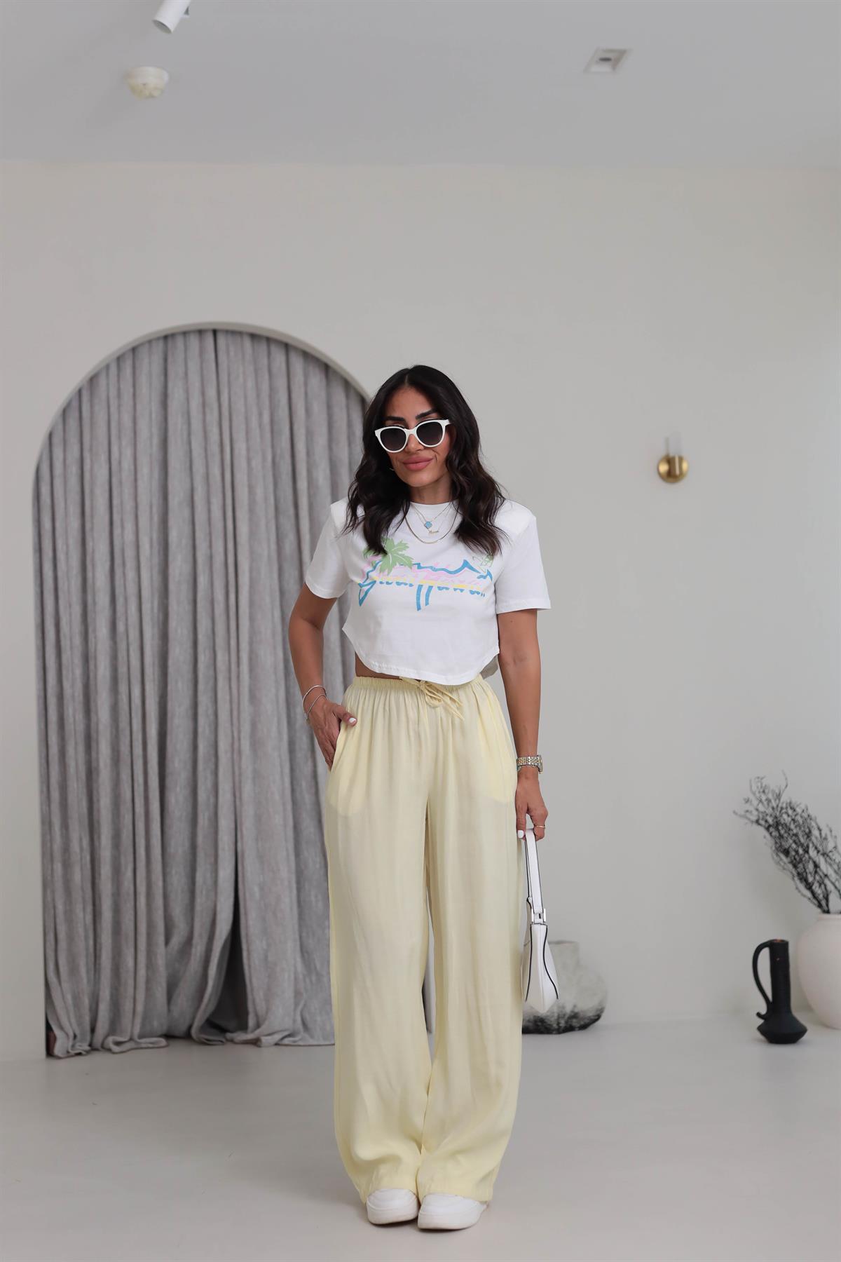 1141 Bel Lastikli Tencel Pantolon SARI