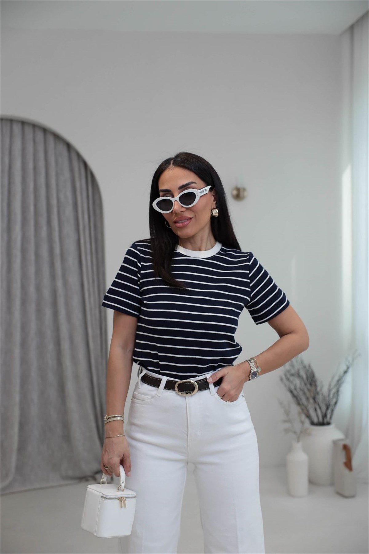 6711 Çizgili Pamuklu Tshirt LACİ-BEYAZ