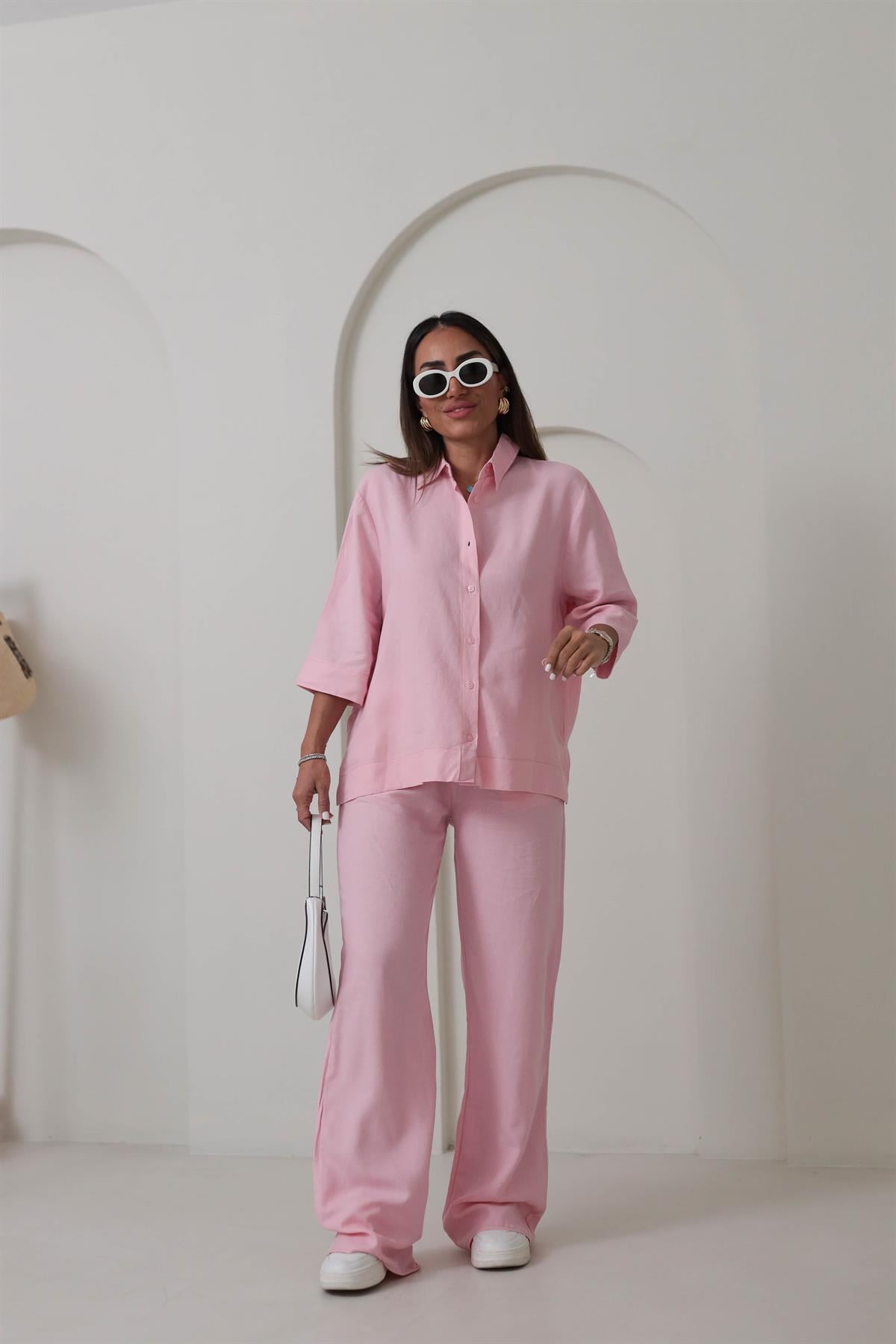 0390 Yarım Kol Gömlekli Pantolonlu Keten Takım PEMBE