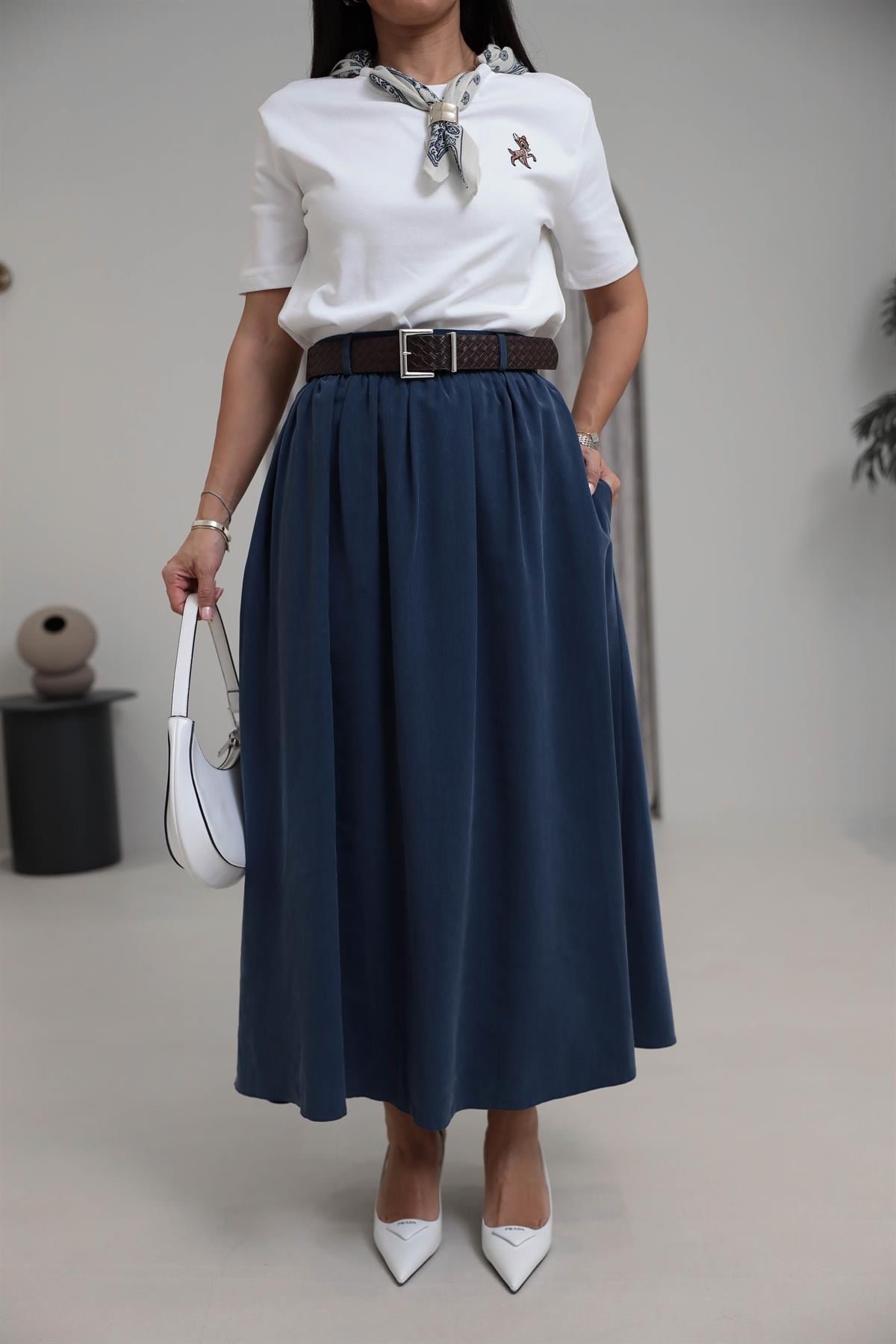 0727 Kemerli Tencel Etek Indigo