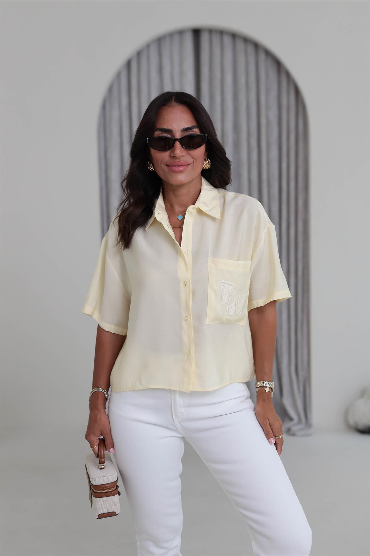 1261 Cep Nakış İşlemeli Tencel Kısa Kol Gömlek SARI