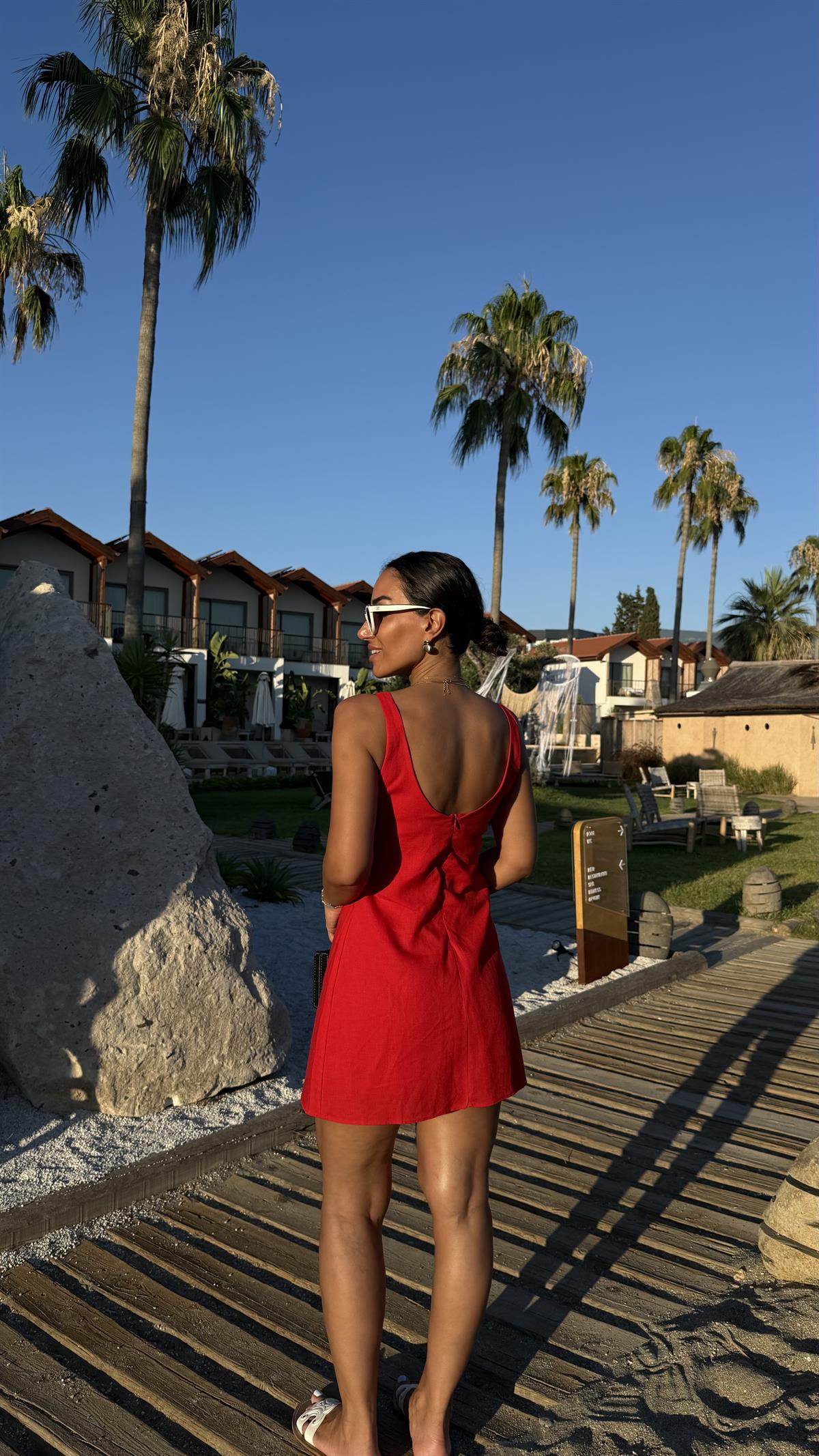 4140 Halter Yaka Astarlı Keten Mini Elbise KIRMIZI