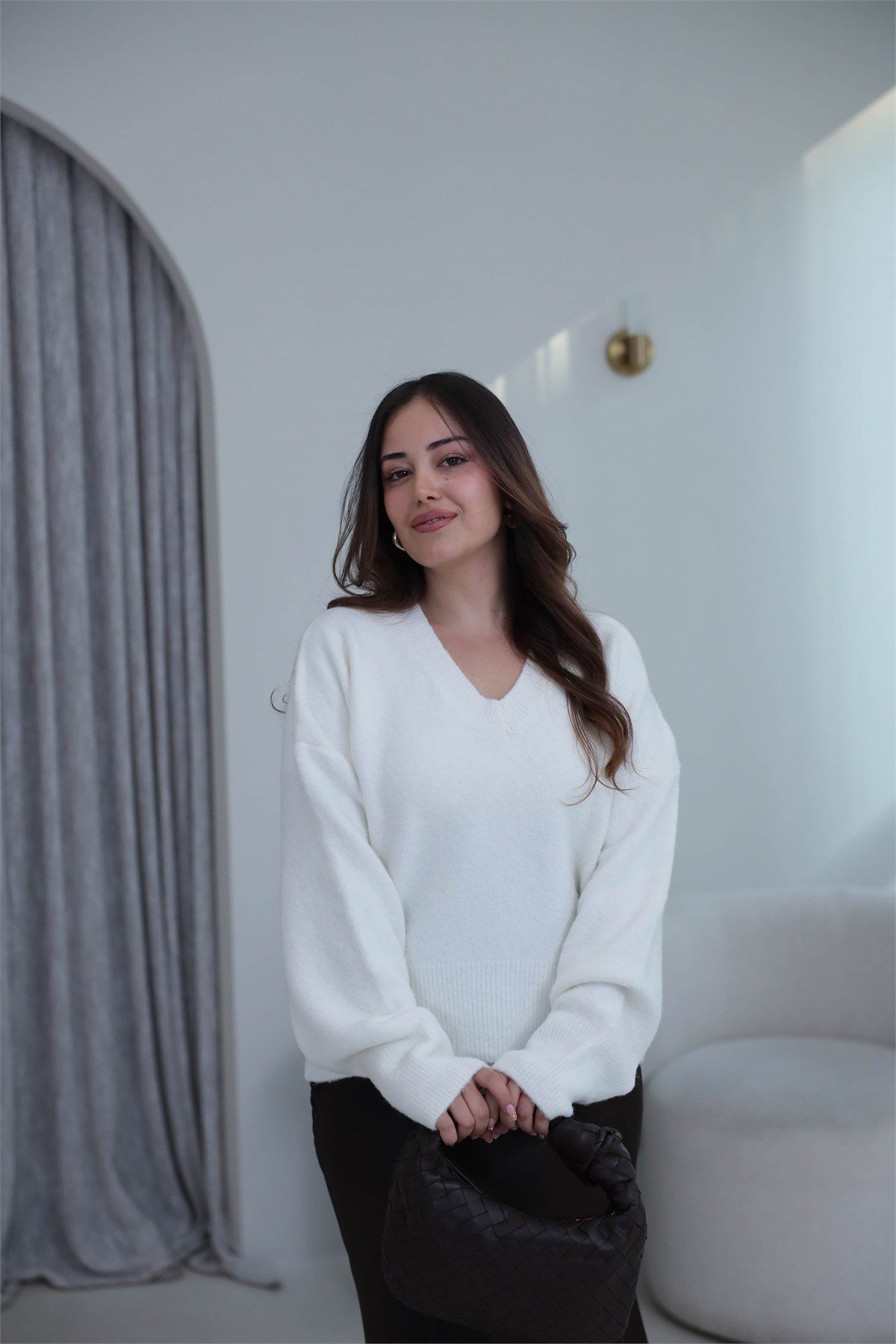 2733 V Yaka Yün Karışımlı Kazak EKRU