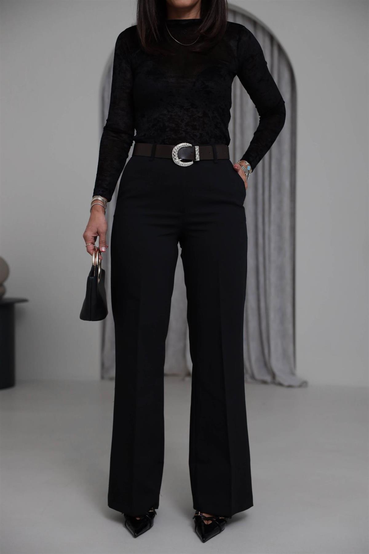 7038 Kemerli Palazzo Pantolon SİYAH