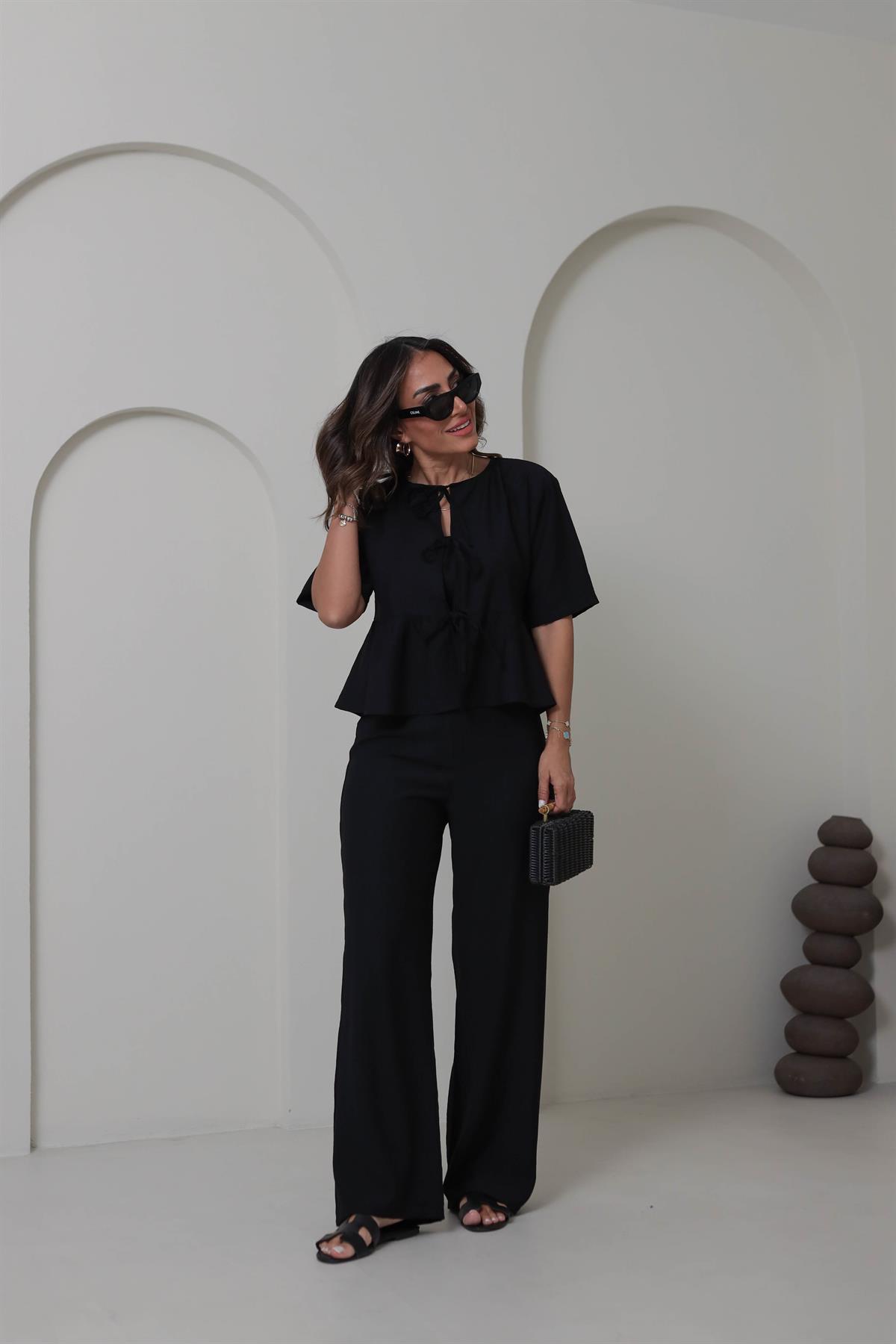 9265 Bağlama Detaylı Çilek Kumaş Takım SİYAH