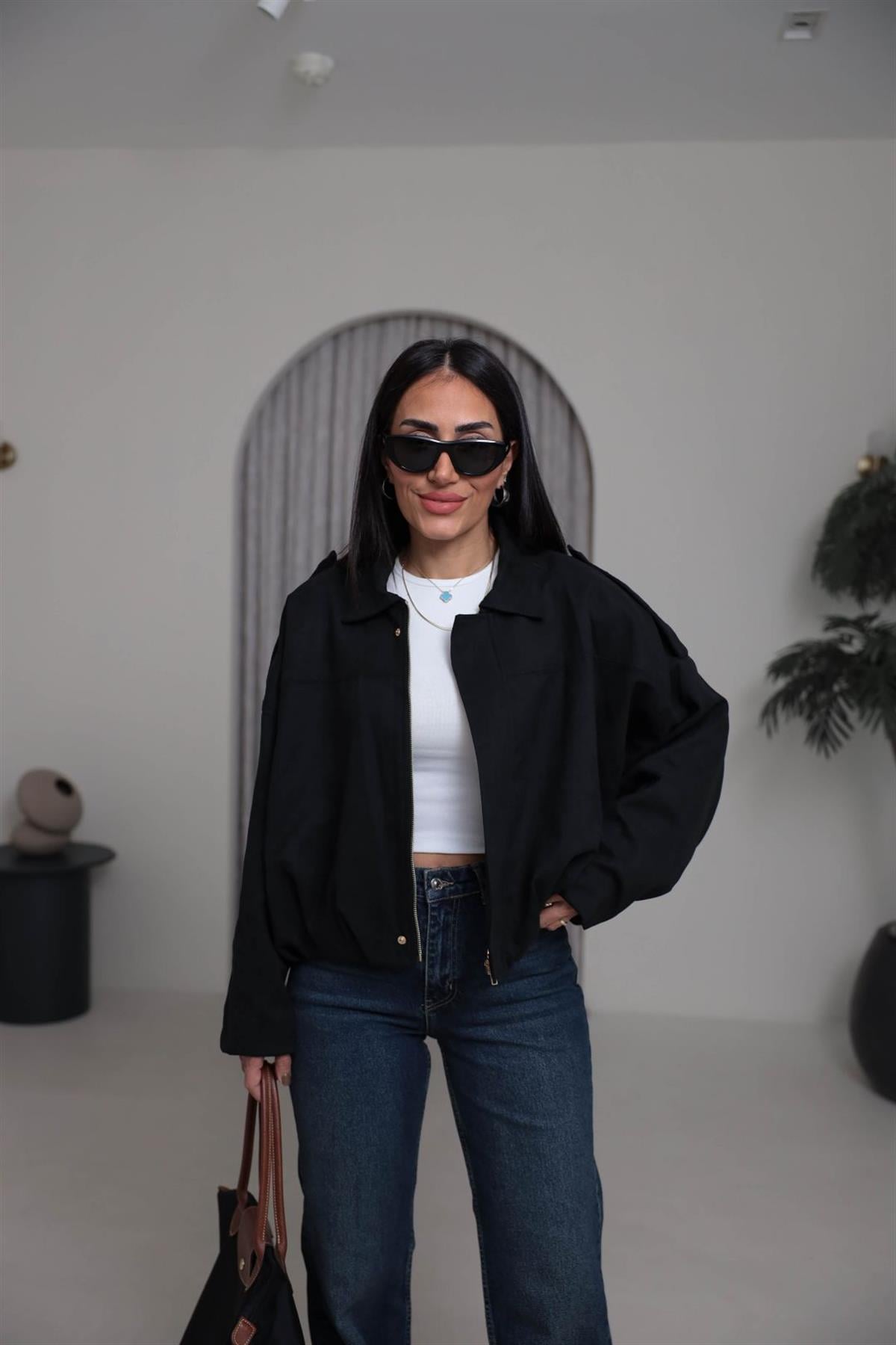 0493 Gömlek Yaka Apoletli Süet Bomber SİYAH