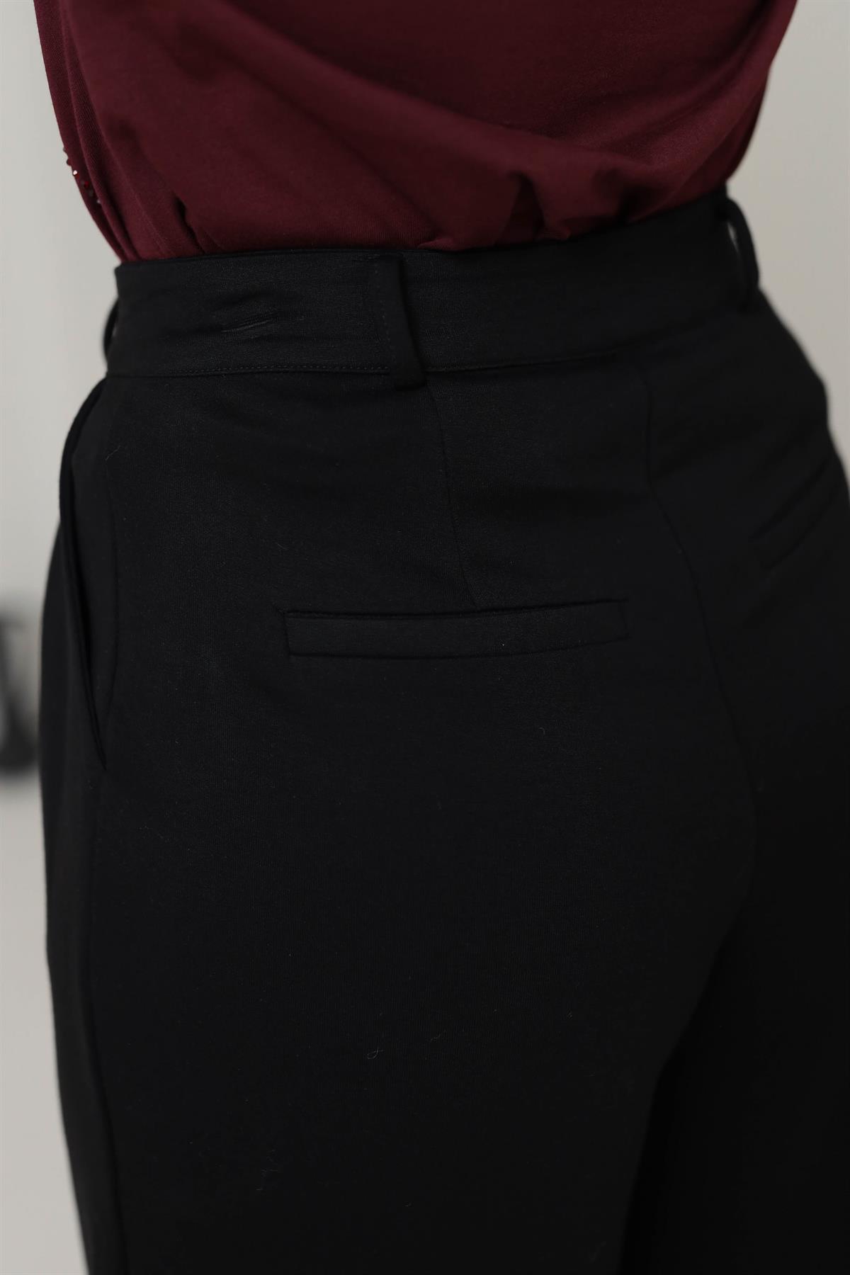 9444 Pilili Bol Paça Modal Pantolon SİYAH