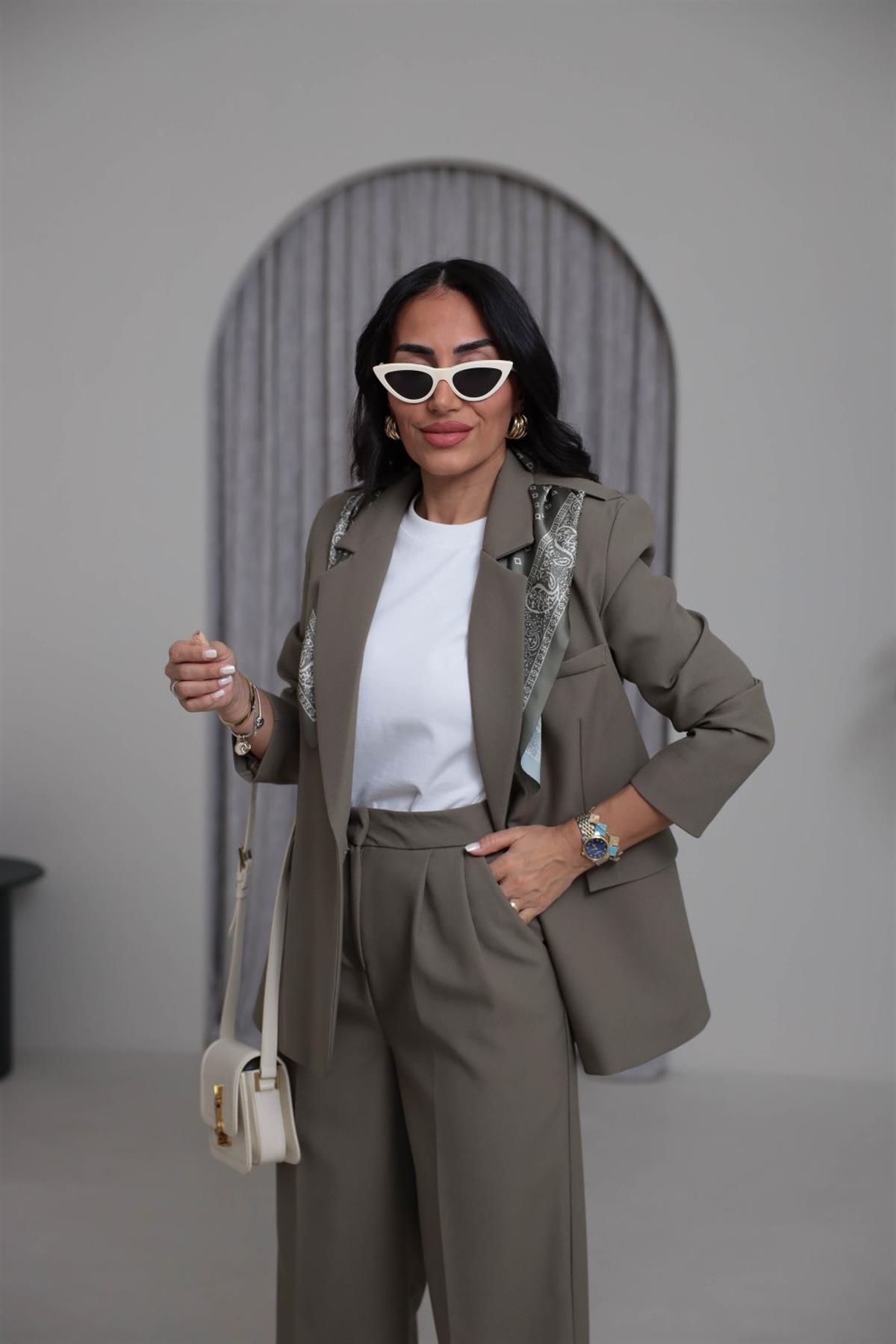 7665 Fular Detaylı Blazer Ceket HAKİ YEŞİL