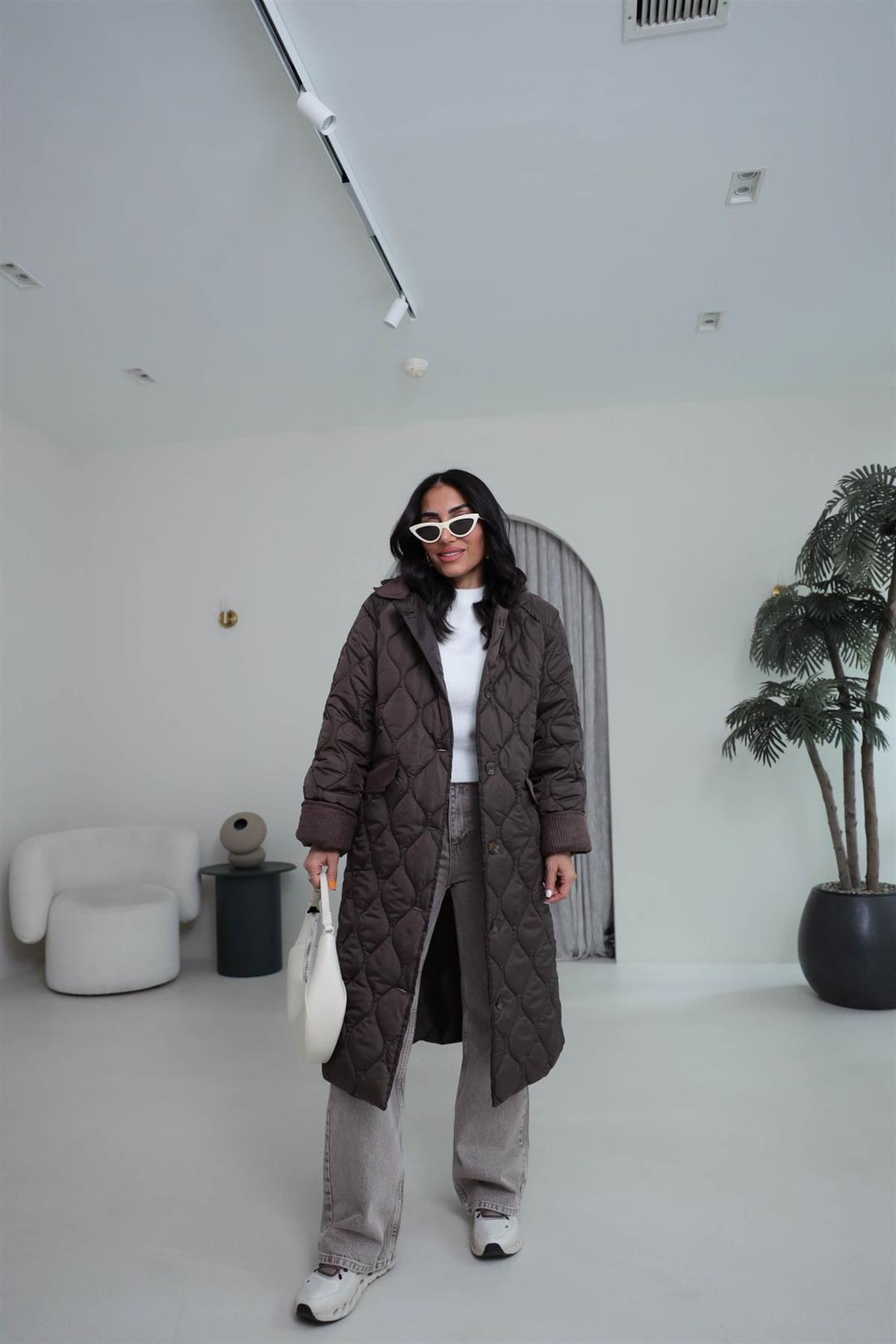 Kadife Detay Kapşonlu Kapitone Kaban KAHVE