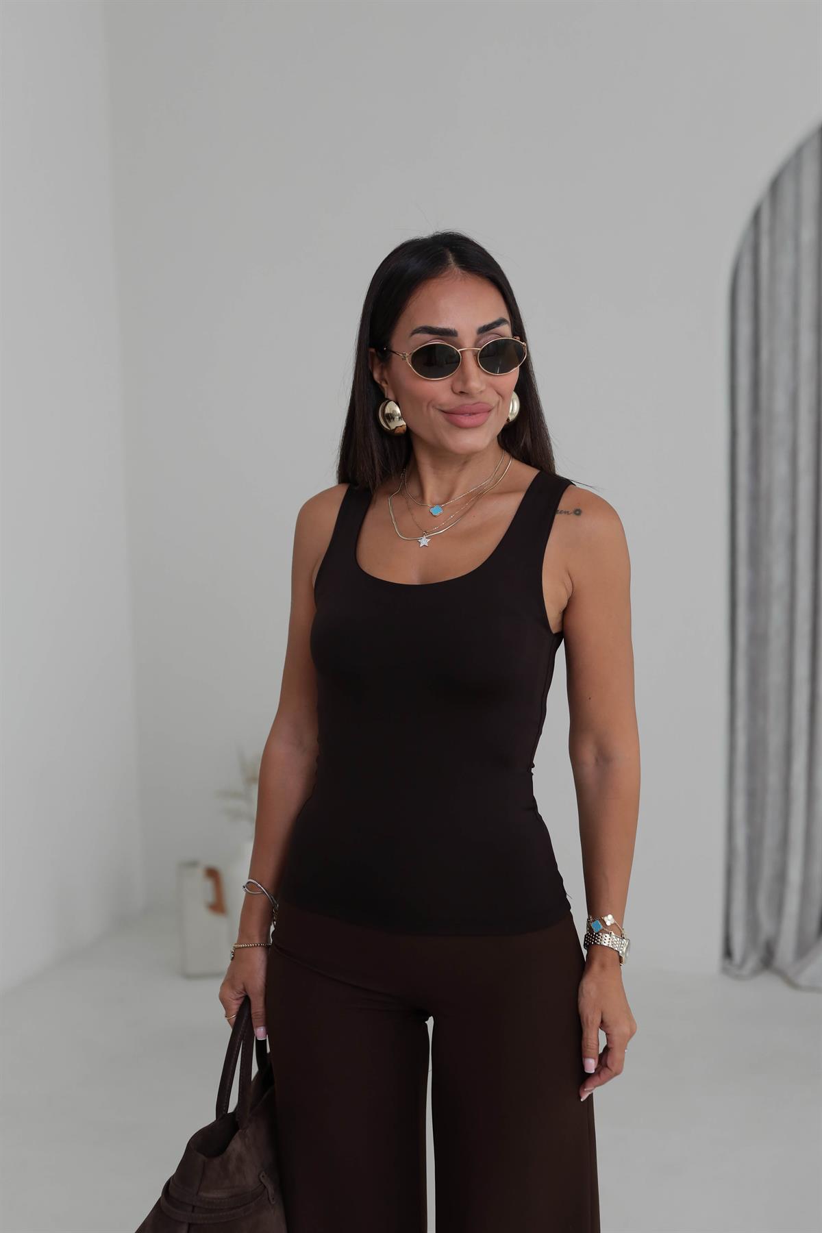 015 Kalın Askılı Çift Kat Poliamid Atlet ACI KAHVE