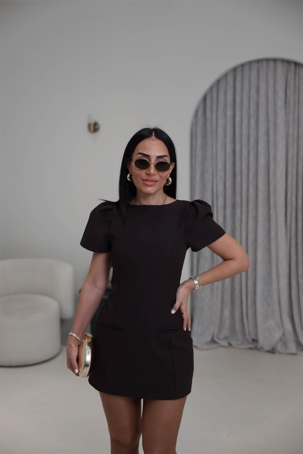 0789 Balon Kol Cep Detaylı Mini Elbise ACI KAHVE