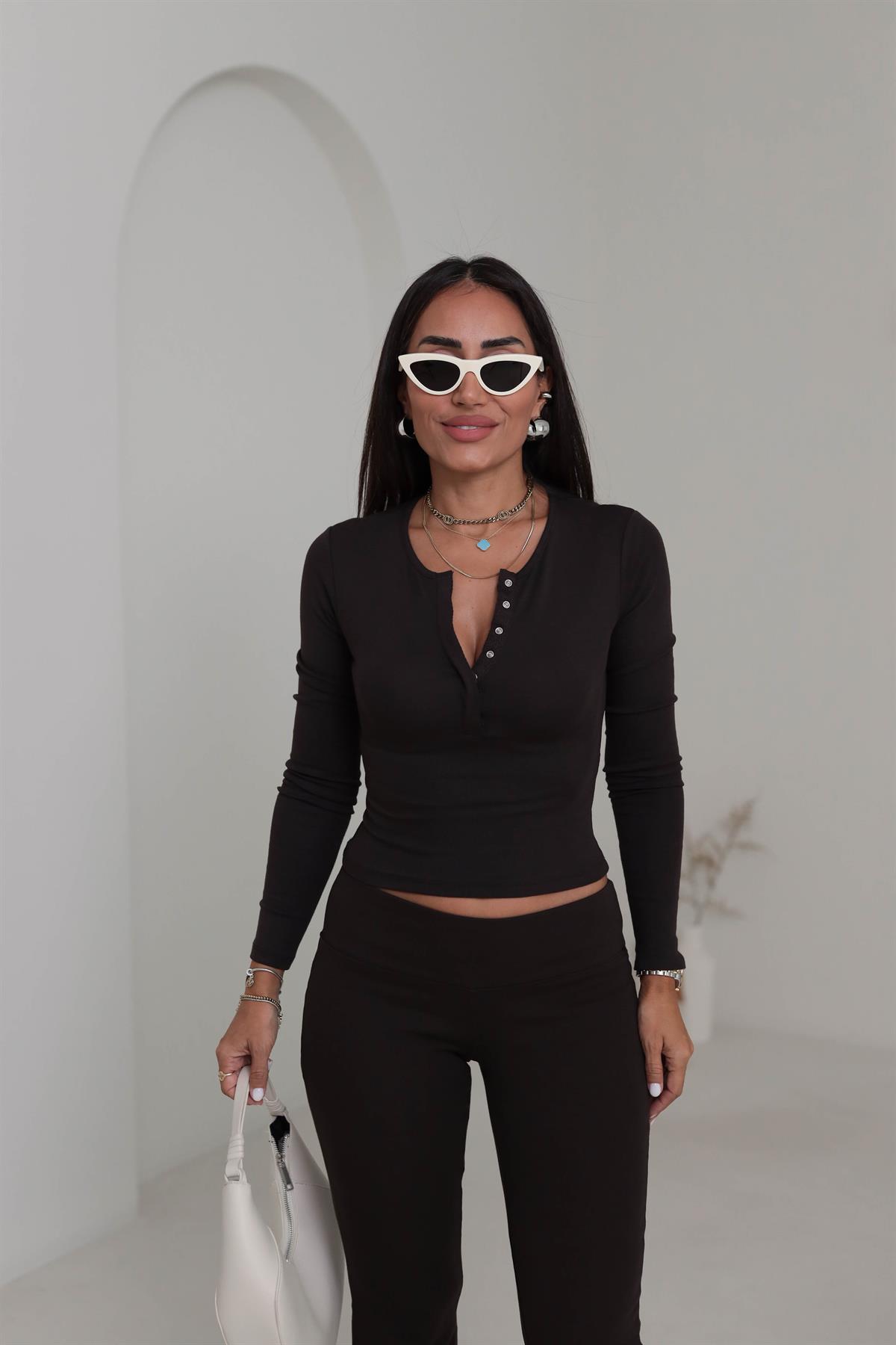 1442 Uzun Kollu Çıtçıt Düğmeli Bluz ACI KAHVE