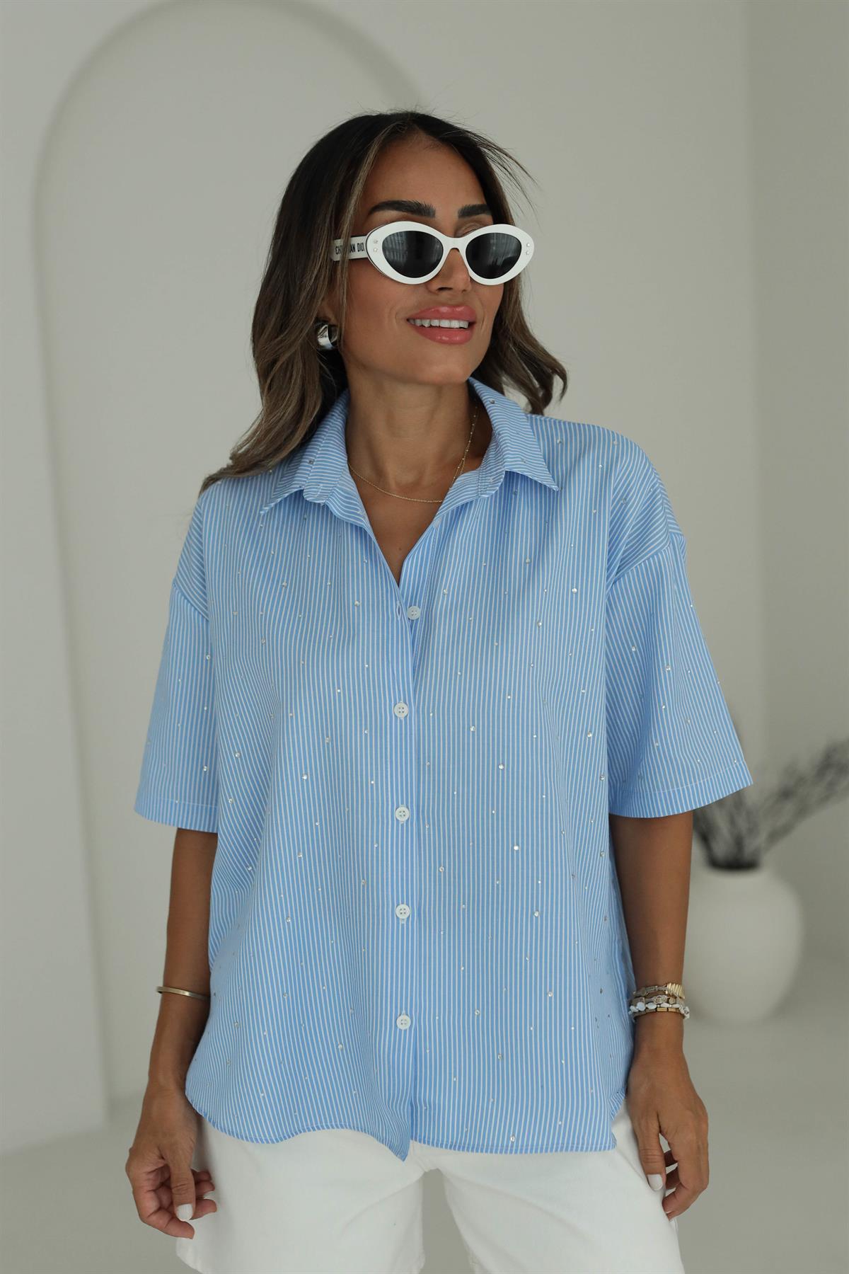 2932 Kısa Kol Çizgili Taşlı Gömlek