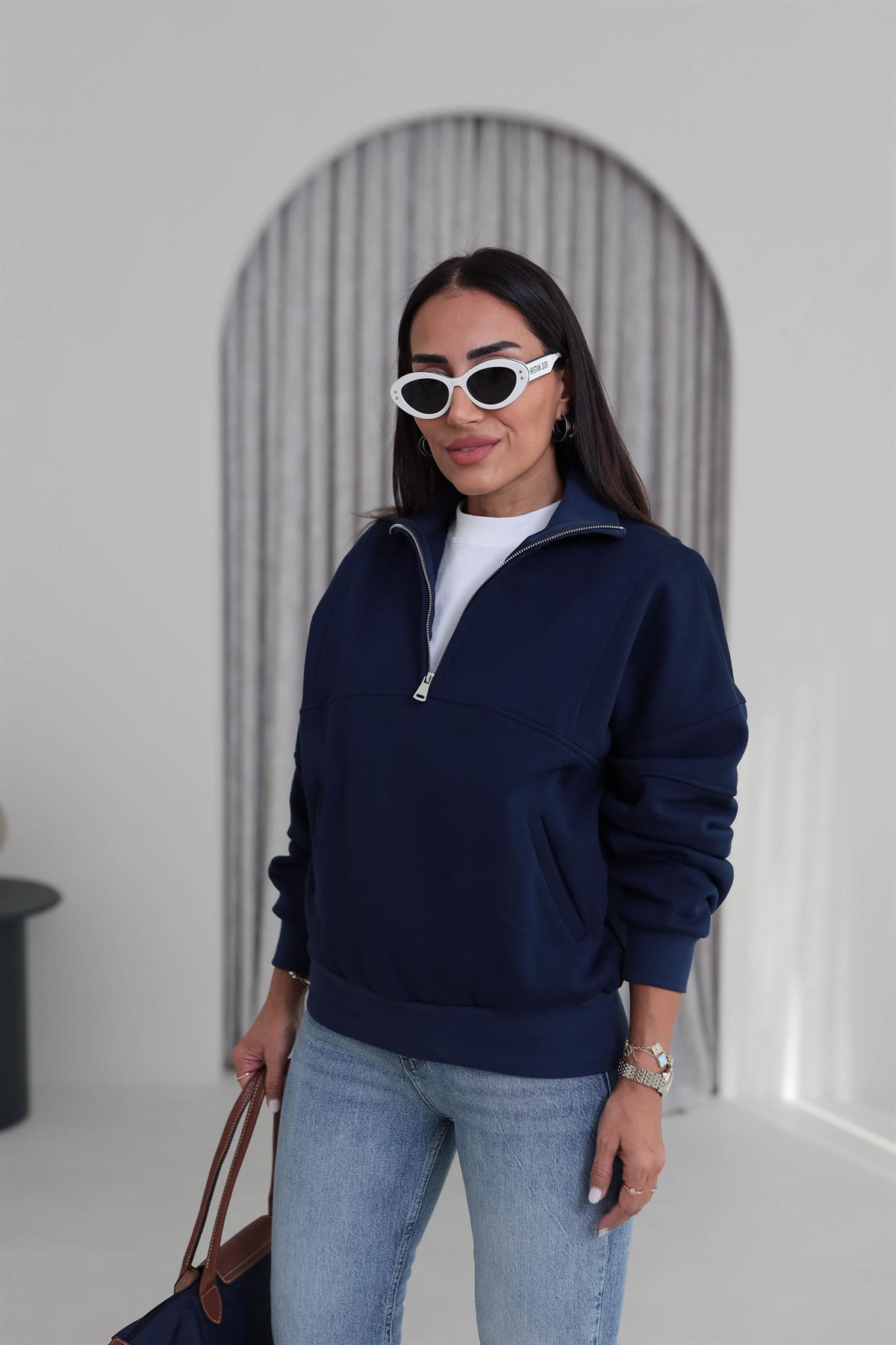 8745 Orj Marka Yarım Fermuarlı Cep Detaylı Sweatshirt LACİVERT