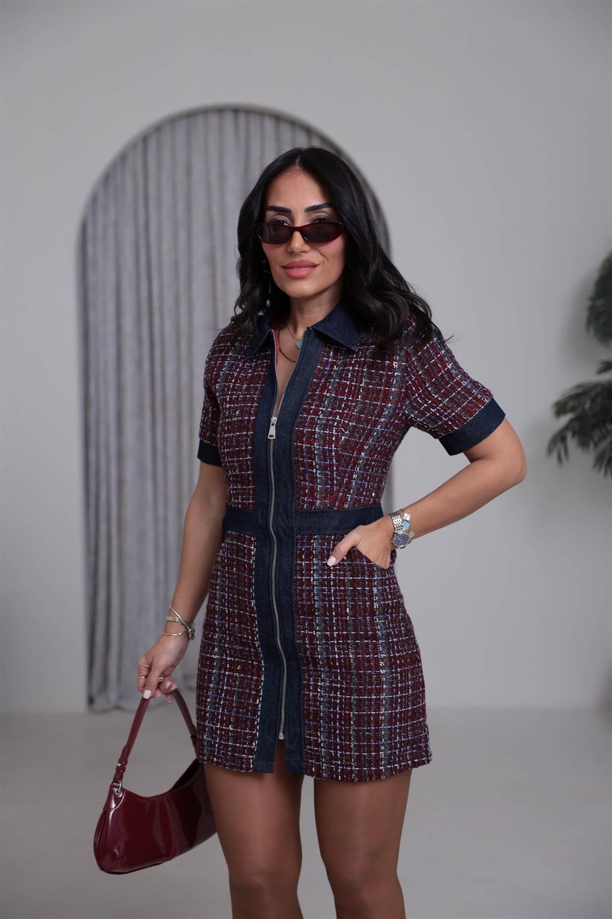 8082 Gömlek Yaka Kot Garnili Tüvit Elbise BORDO