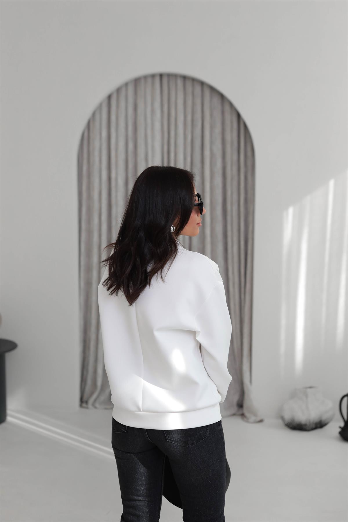 5902 Serpme Taşlı Scuba Sweatshirt BEYAZ