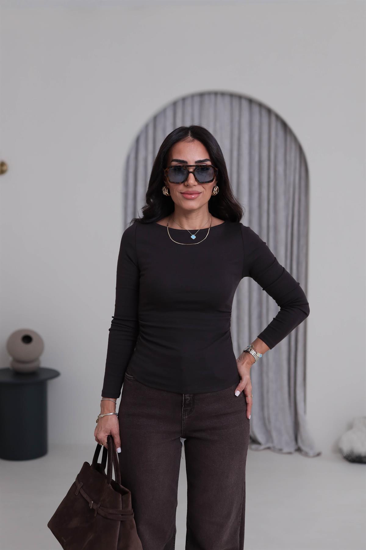 1401 Kayık Yaka Büzgülü Uzun Kollu Bluz ACI KAHVE