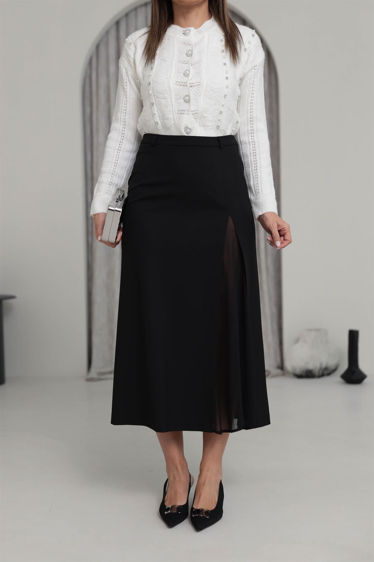 1099 Yırtmaç Ve Tül Detaylı Kumaş Etek SİYAH