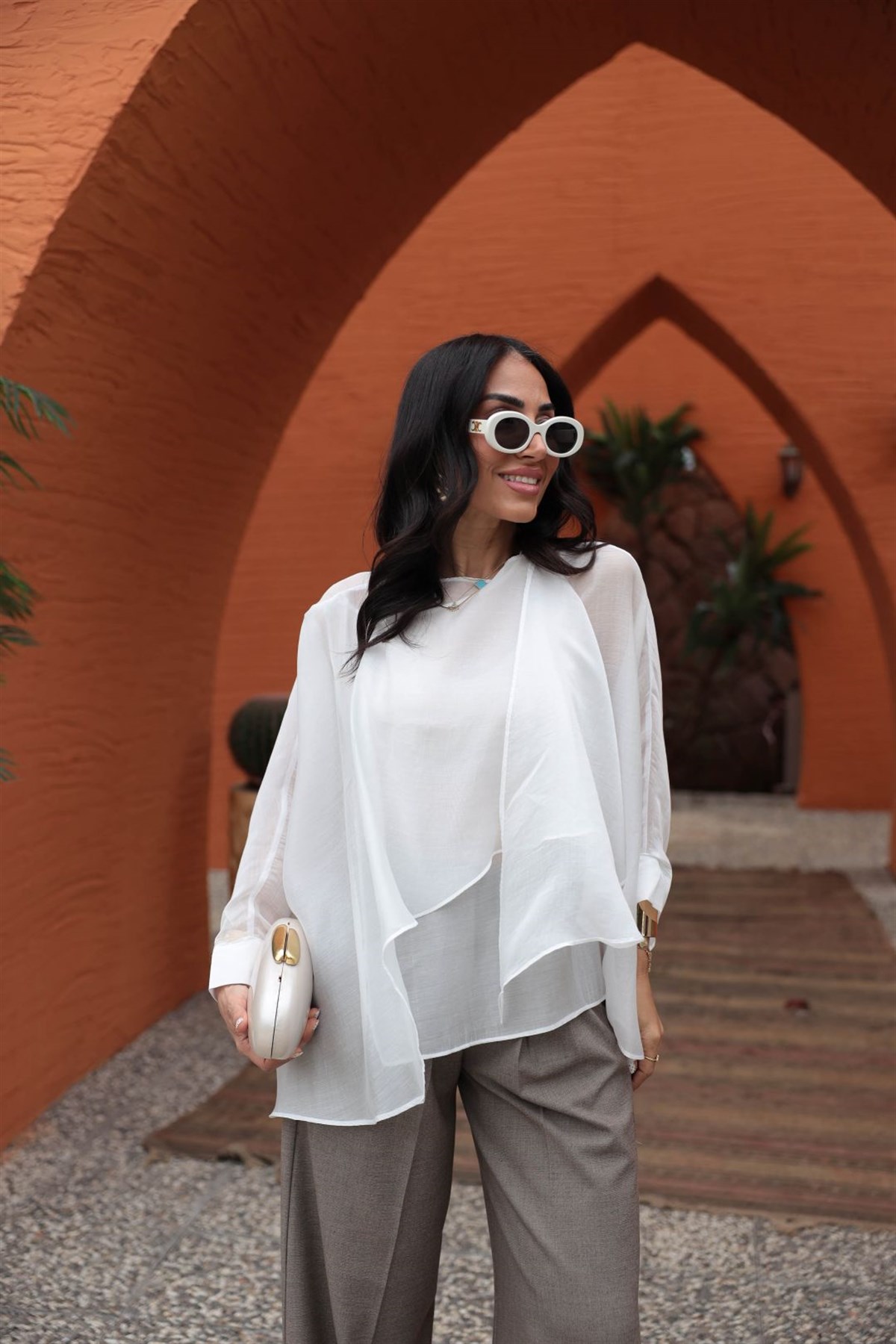 5026 Uçuşan Pelerin Bluz BEYAZ