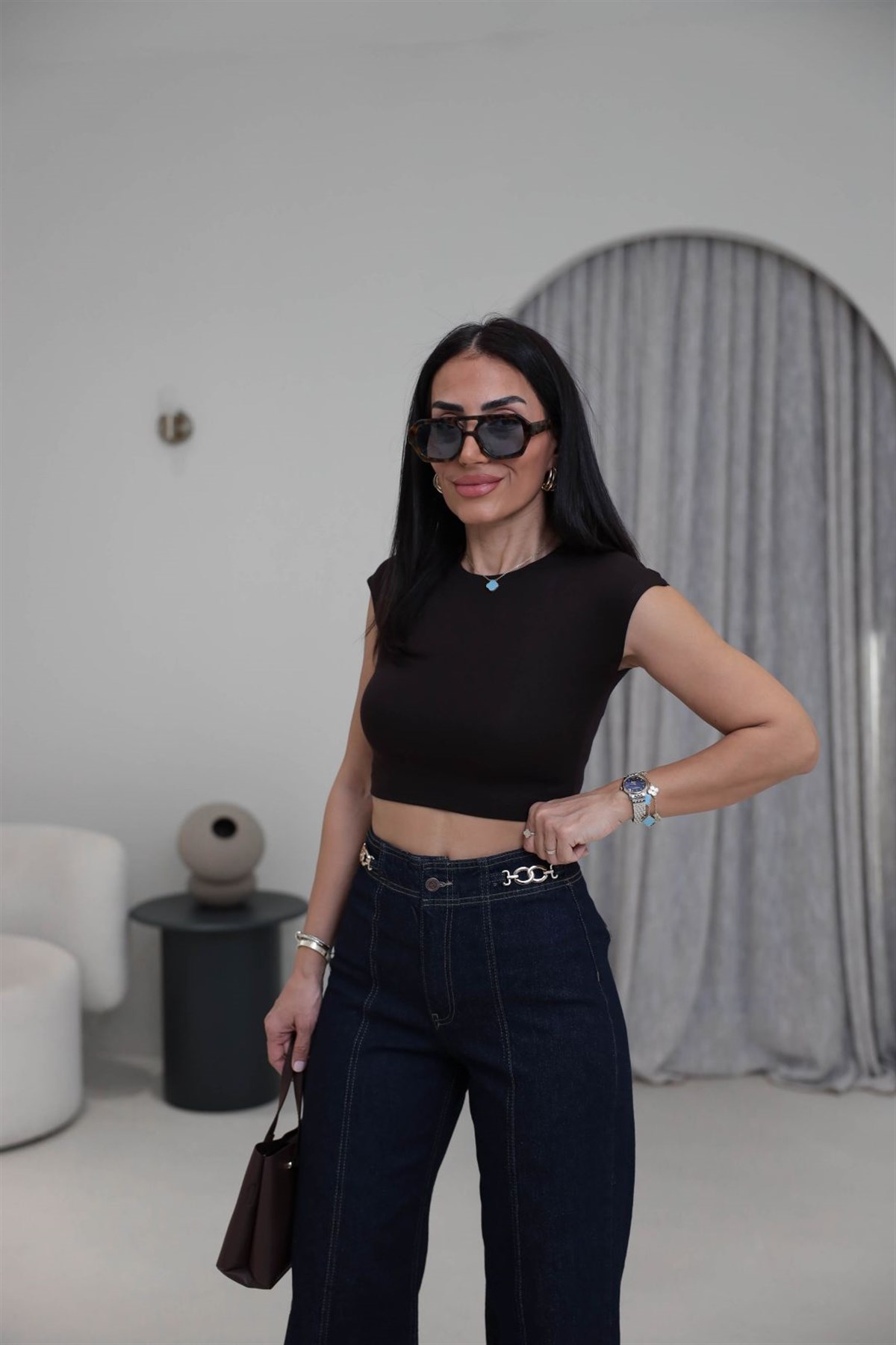 0528 Pamuk ve Modal Karışımlı Crop Top KAHVE