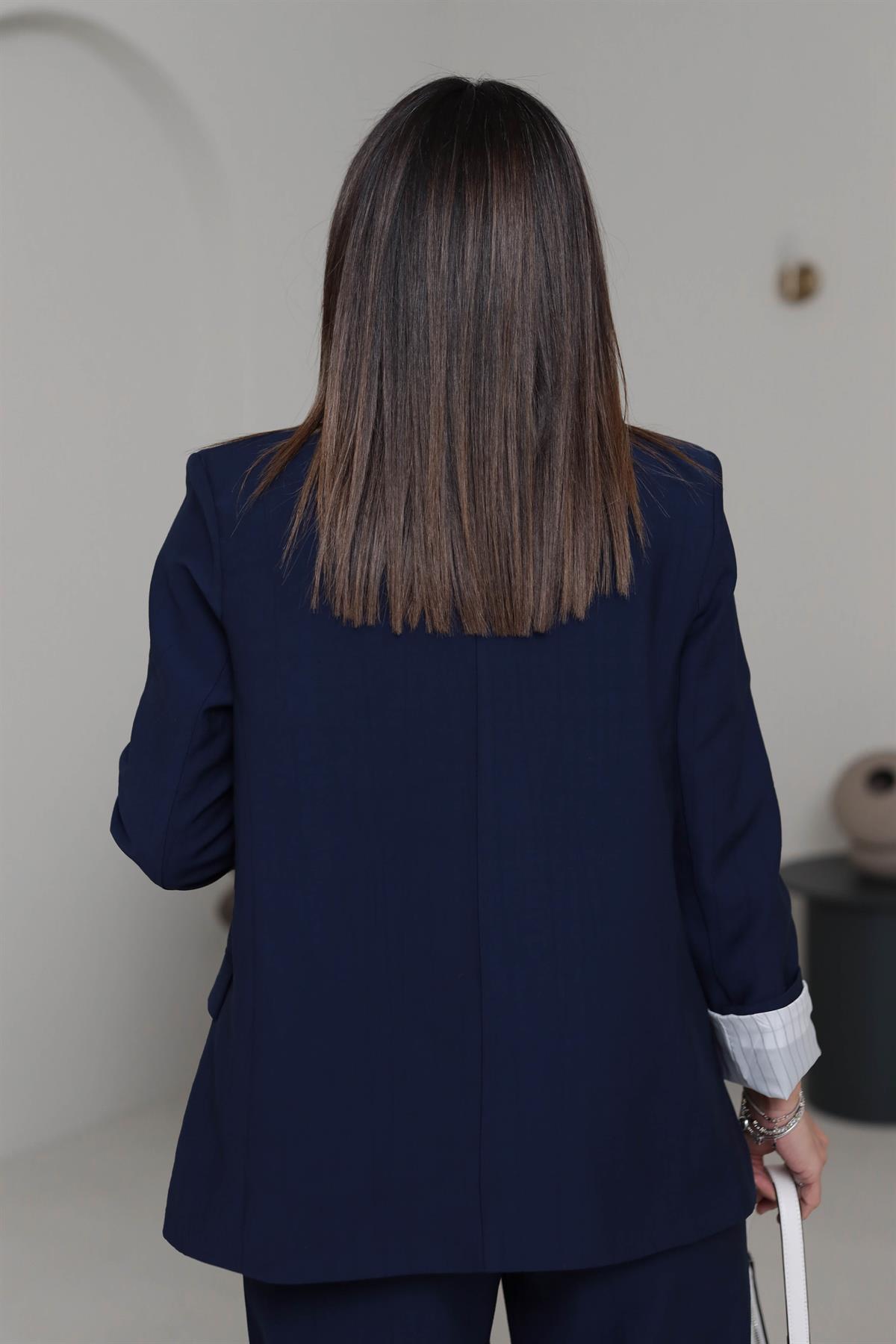 50178 Aeronbin Kol Katlamalı Çizgili Blazer Ceket LACİVERT