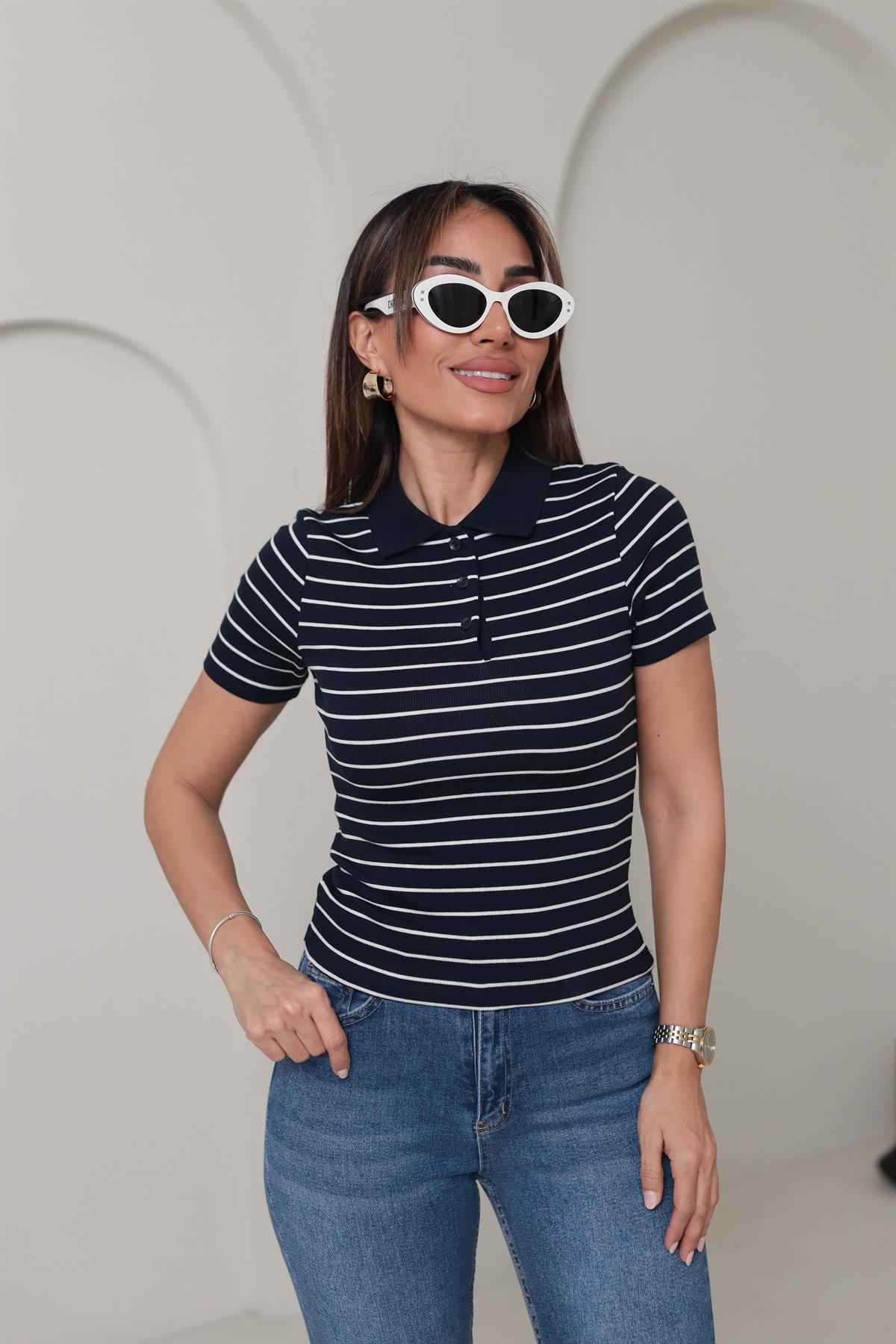 1464 Polo Yaka Çizgili Kısa Kol Triko LACİ-BEYAZ
