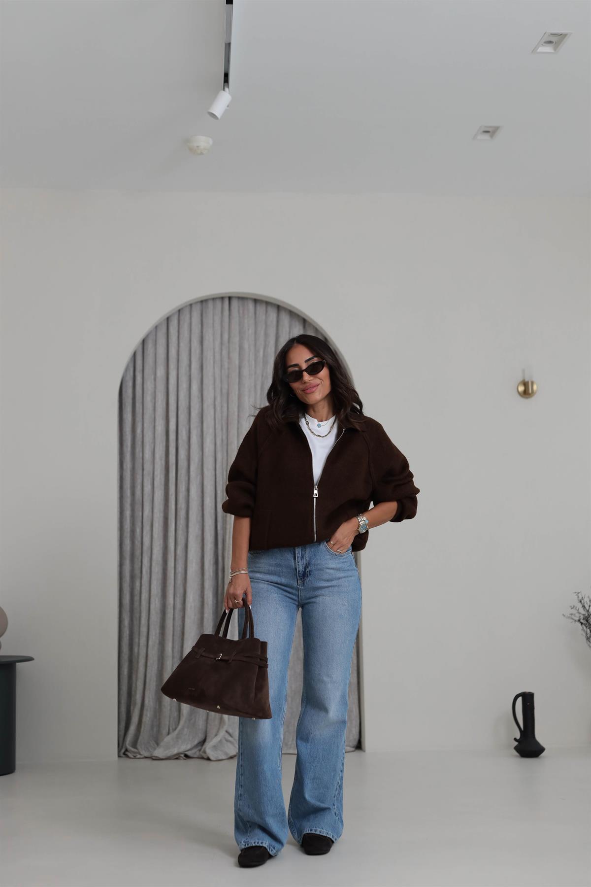 4904 Fermuar Detaylı Reglan Kol Triko Hırka KAHVE