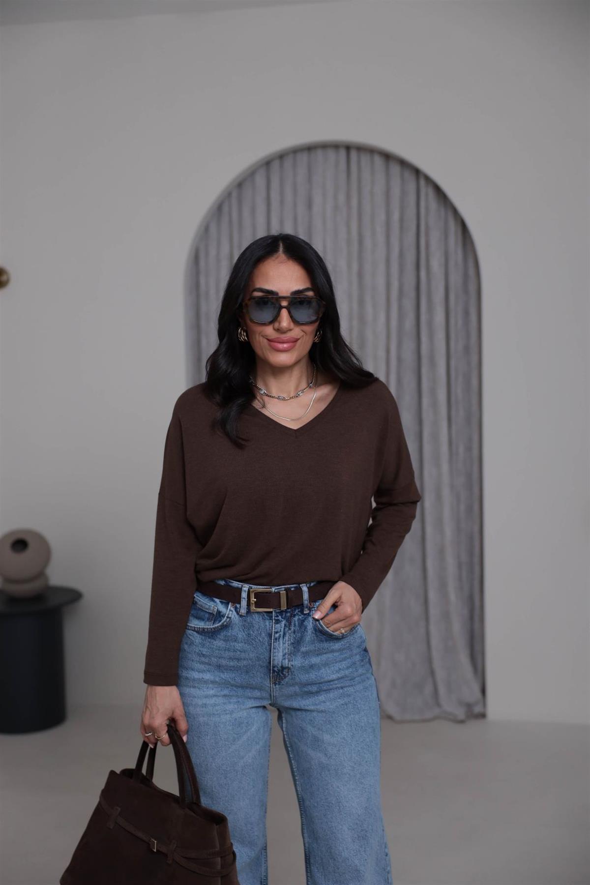 7590 V Yaka Yumoş Bluz KAHVE