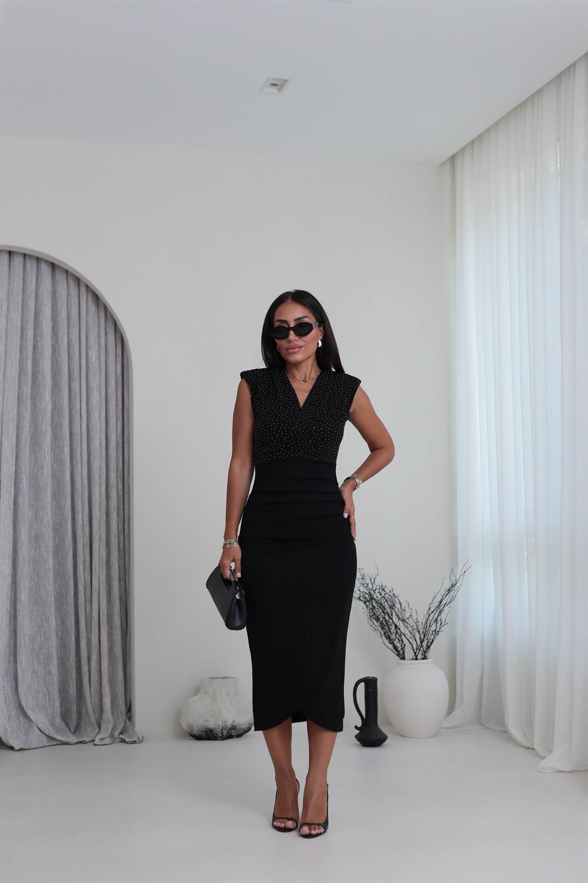 3821 Kruvaze Taşlı Drapeli Kalem Elbise SİYAH