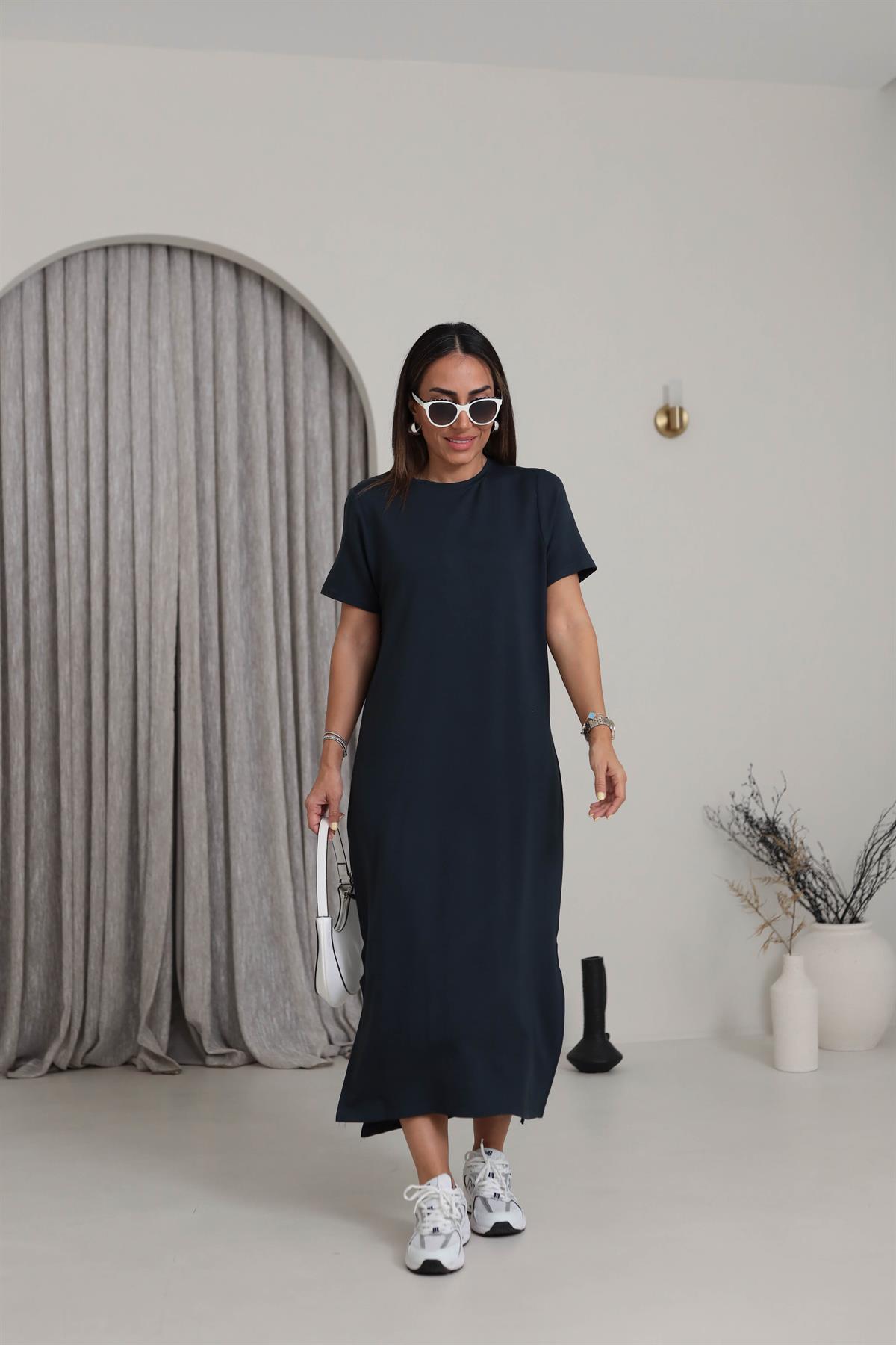 116 Bisiklet Yaka Kısa Kol Yırtmaçlı Modal Elbise ANTRASİT