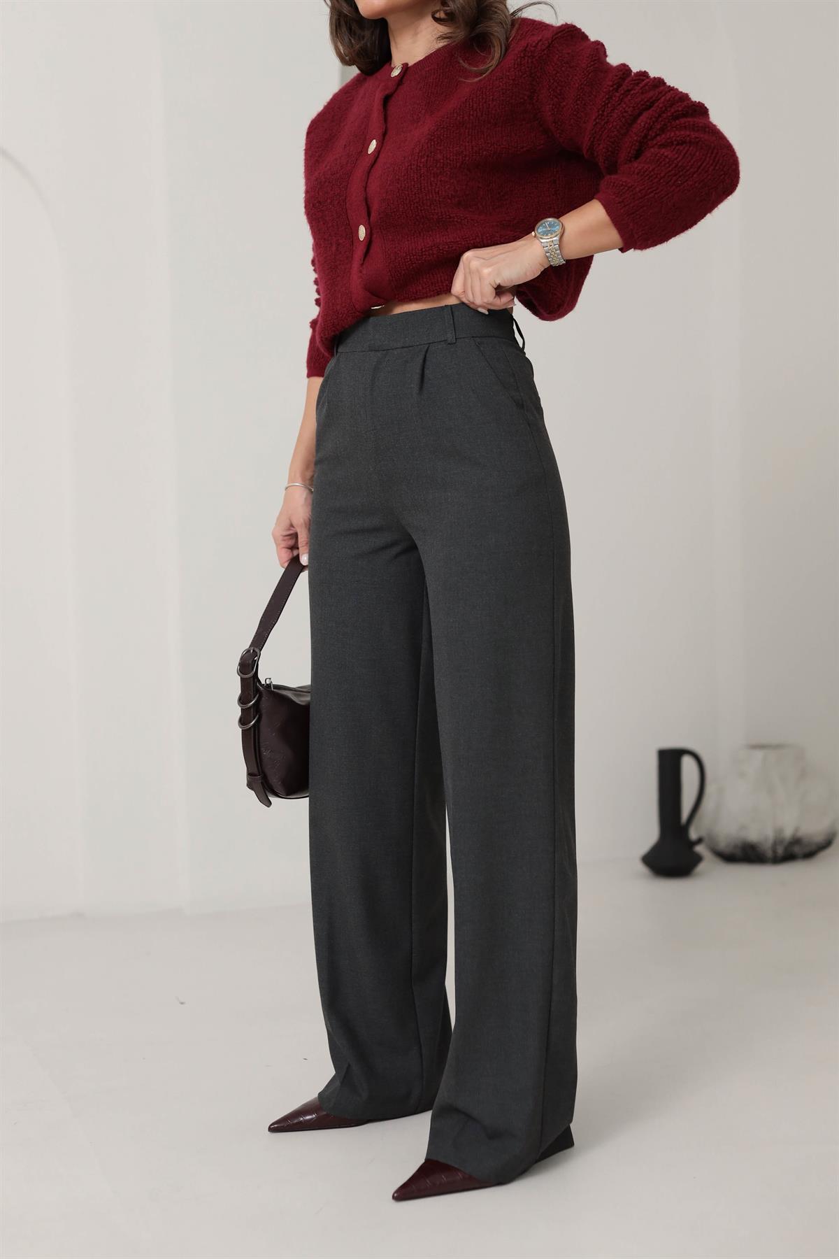 6571 Arka Bel Lastikli Palazzo Pantolon KOYU GRİ