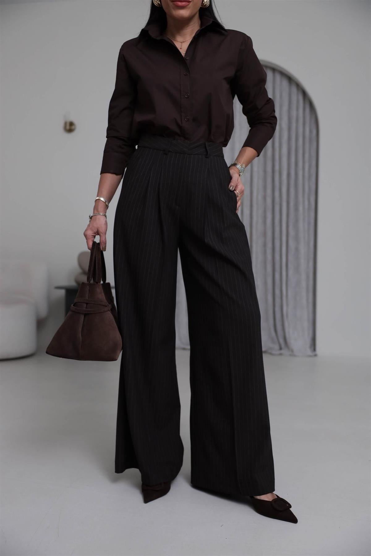 7363 Çizgili Geniş Paça Kumaş Pantolon KAHVE