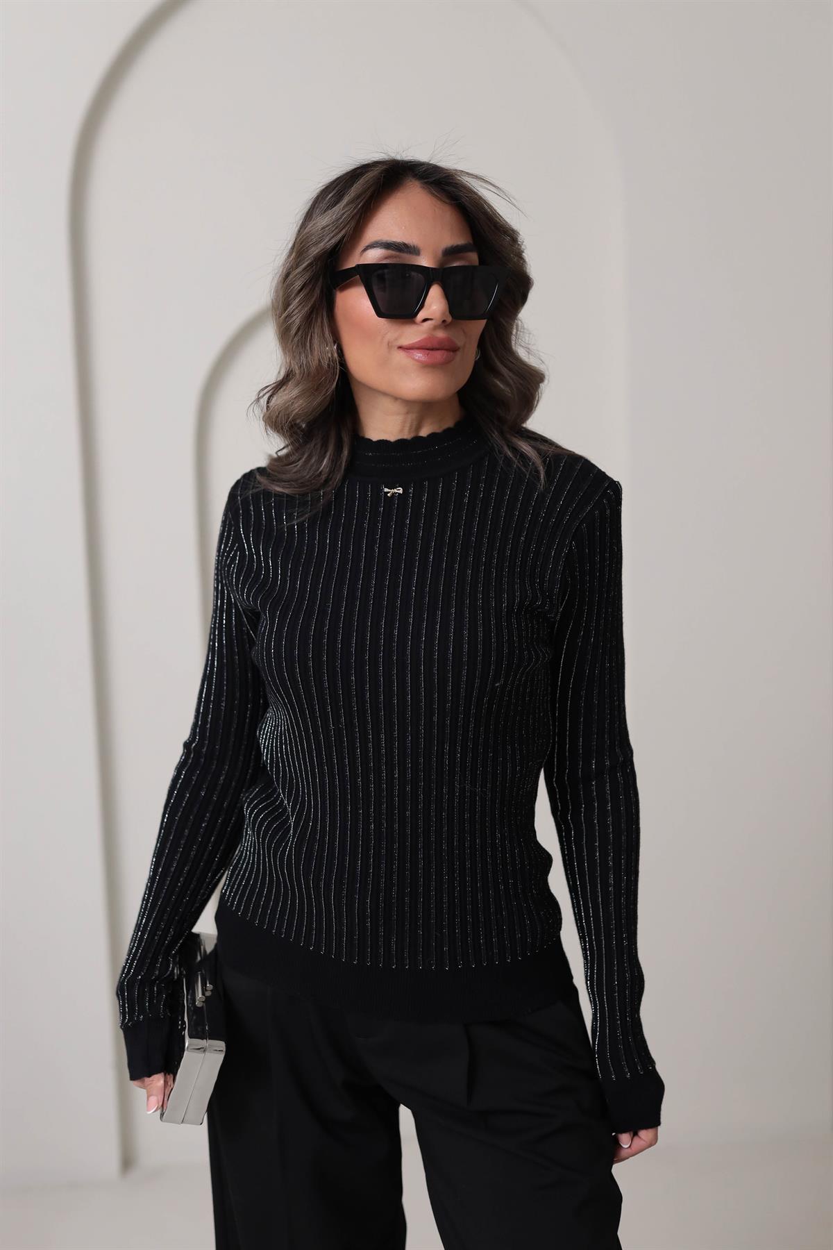 0249 Fitilli Sim İplikli Kurdele Detaylı Triko SİYAH