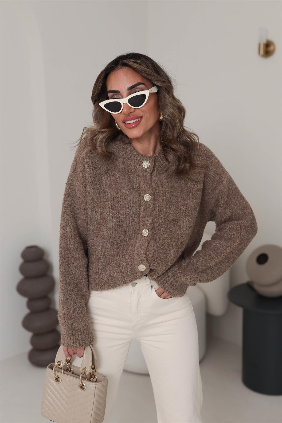 60276 V Yaka Düğmeli Buklet Triko Hırka VİZON