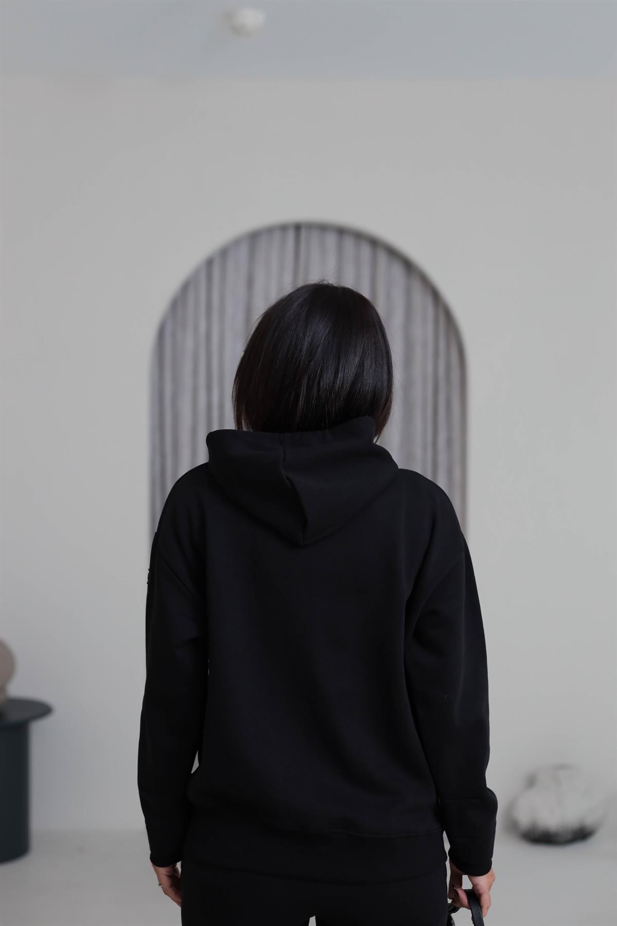 7316 Kapşonlu Fermuarlı Şardonlu Sweatshirt SİYAH