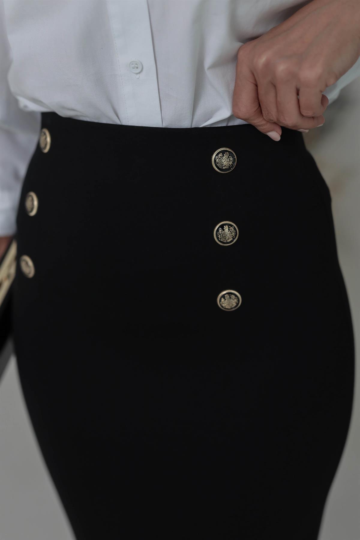 3130 Önü Düğme Detaylı Etek SİYAH