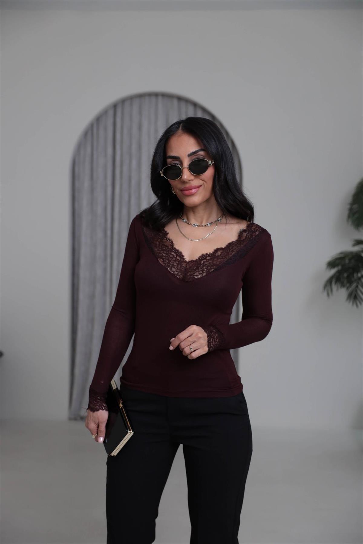 1041 V Yaka Dantel Detay İnti Body BORDO