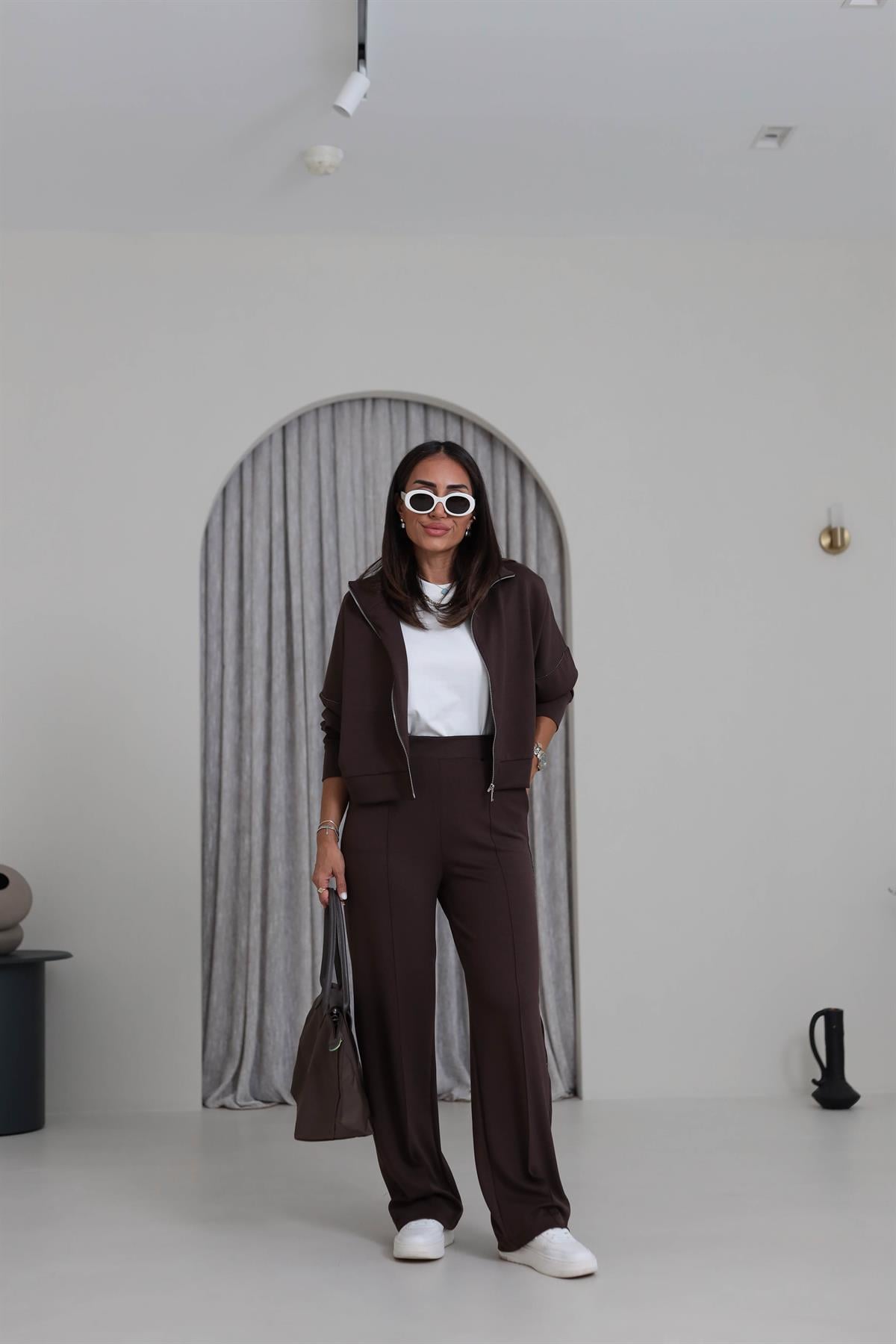 2378 Ceketi Fermuarlı Zincir Detay Modal Takım KAHVE