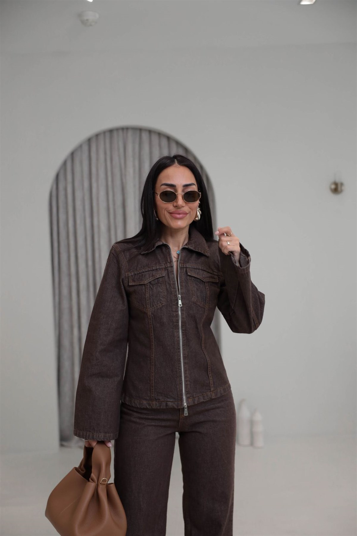 0966 Çift Yön Fermuarlı Denim Ceket Pantolon Takım KAHVE