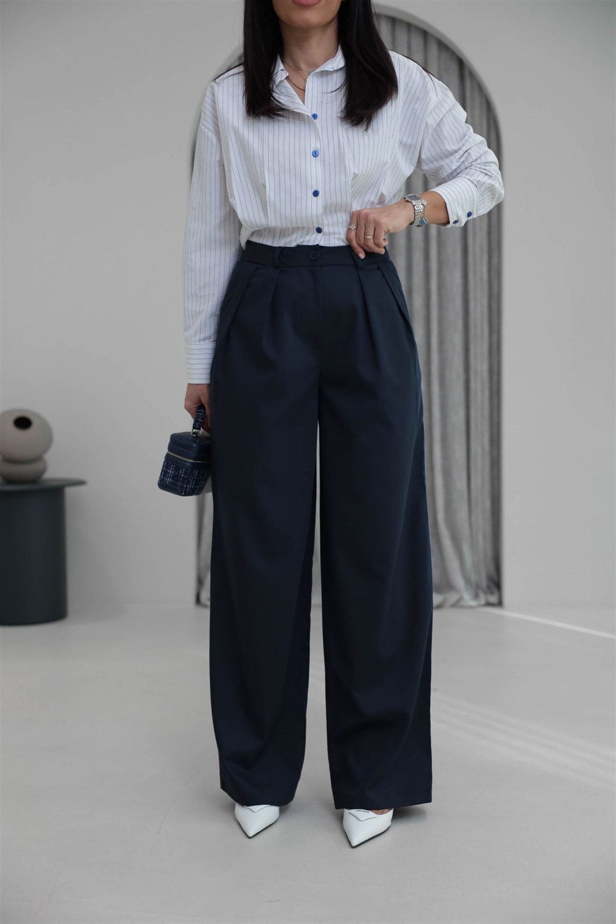 2079 Çift Pileli Bol Paça Pantolon LACİVERT