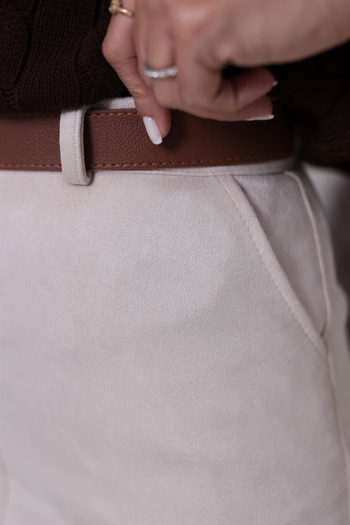 0093 Kemerli Mini Süet Etek TAŞ