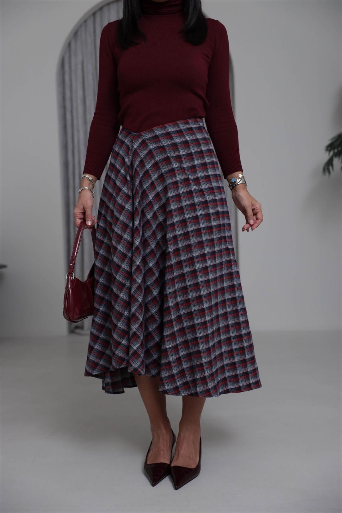 0377 Asimetrik Ekose Etek KIRMIZI