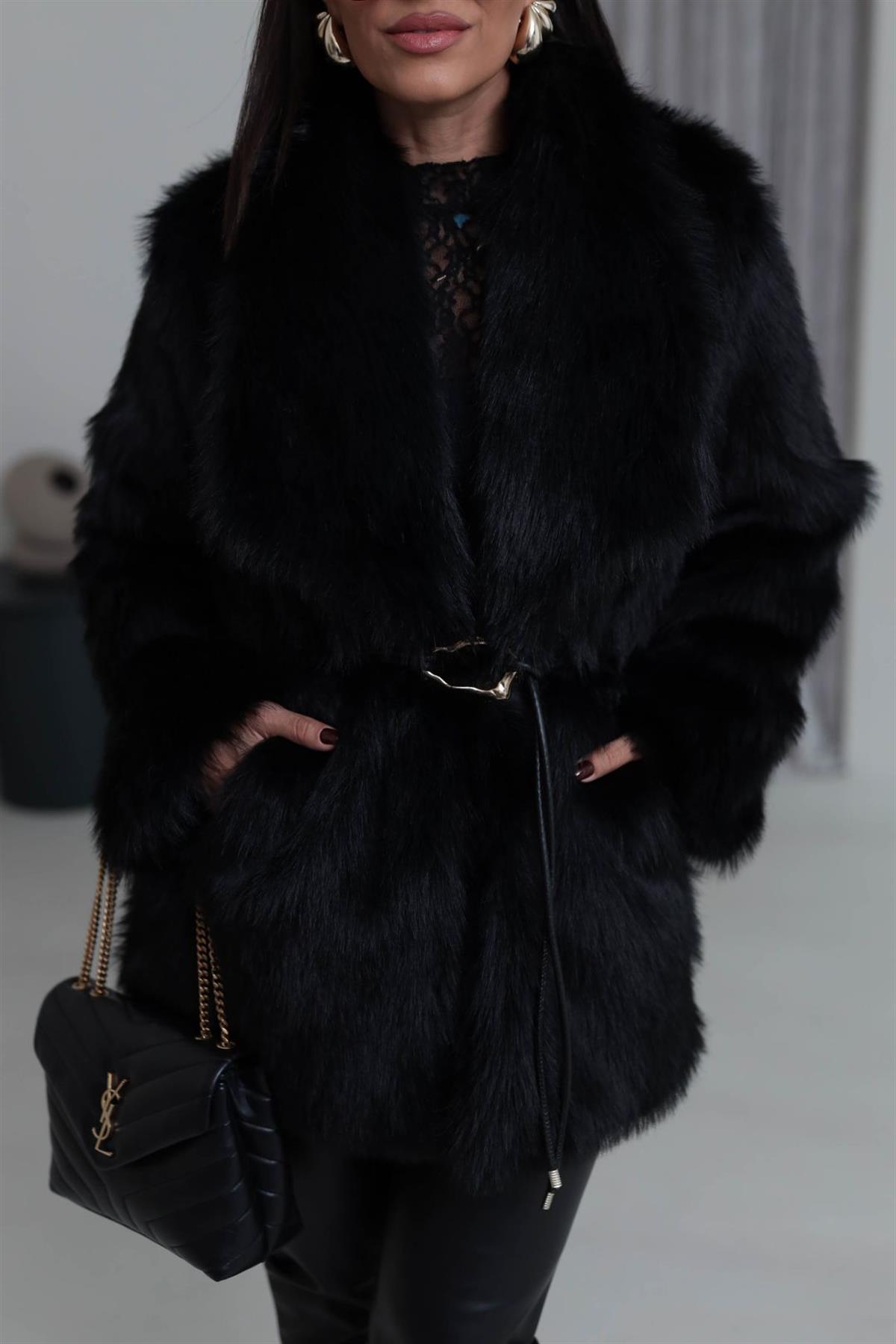 Yakalı Kemerli Suni Kürk Kaban SİYAH