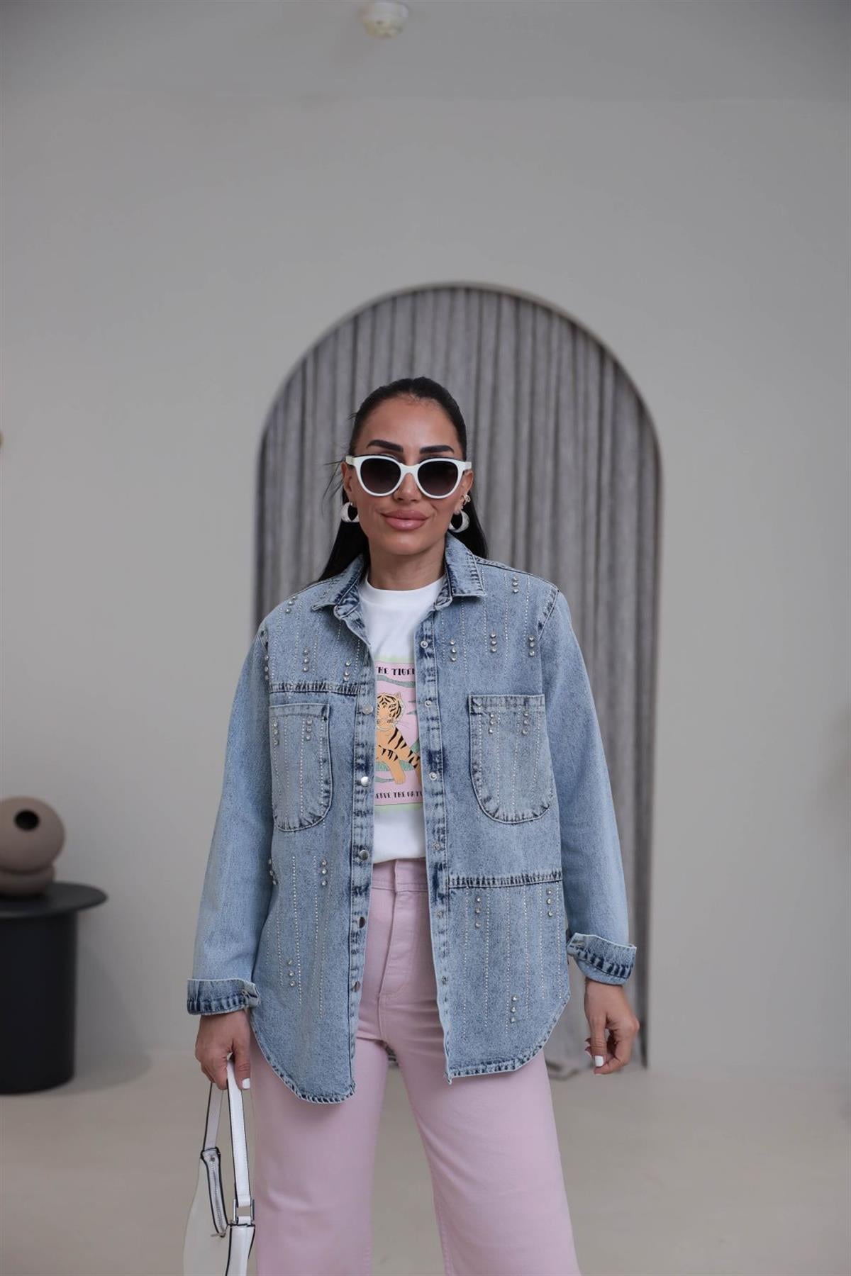 3171 Ön Arka Taş İşlemeli Rahat Denim Ceket BUZ MAVİ