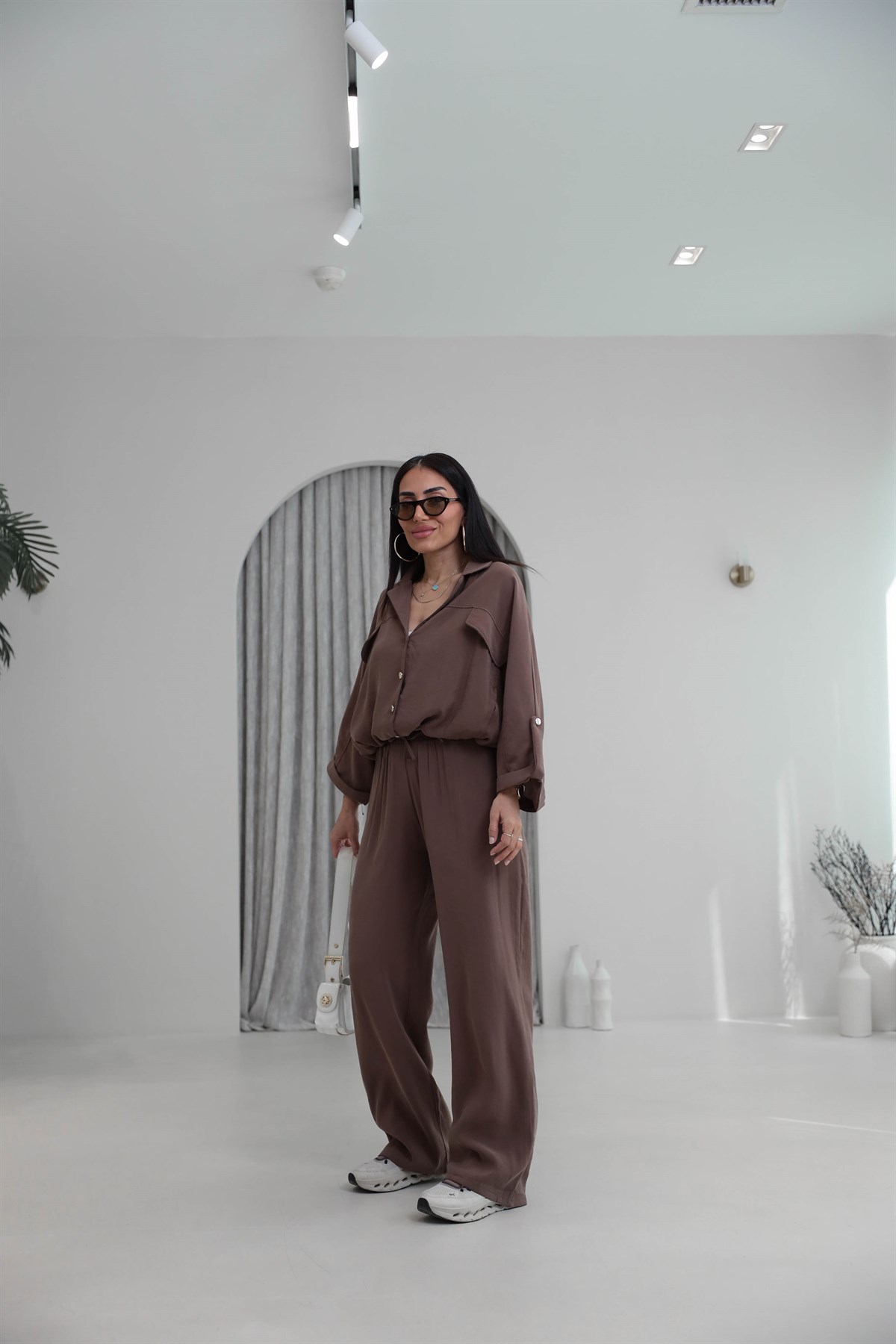 7121 Gold Düğmeli Tencel Kumaş Takım KAHVE